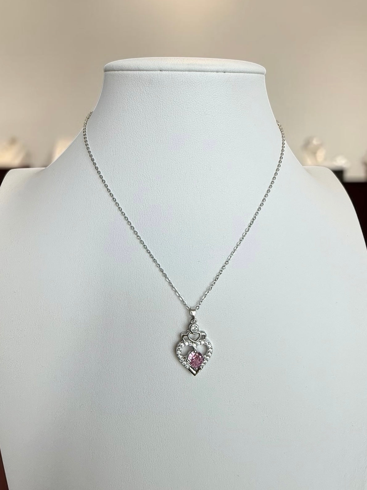 Pink Heart Pendant Necklace – Silver Tone Sparkling Stone Love Necklace for Women 7065