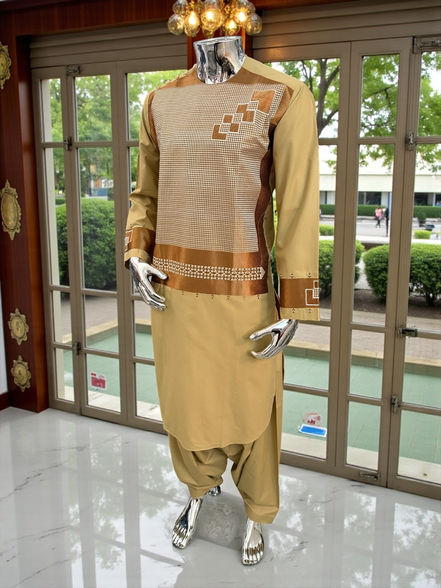 Small Men’s Golden Parahan Tumban with Bronze Geometric Embroidery – Afghan Traditional Outfit