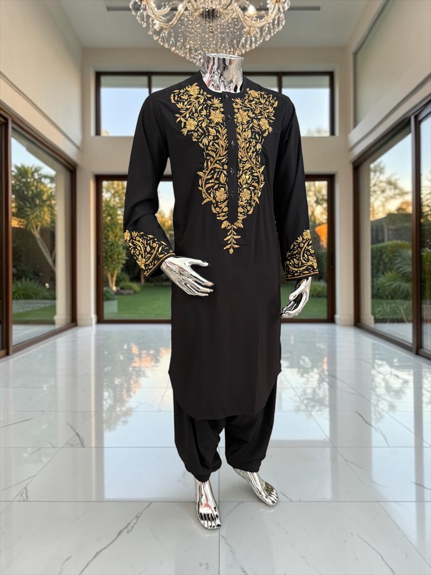 Handmade Afghan Selmadozi Embroidered Men’s Perahan Tunban – Luxury Traditional Formal Outfit – Available in Black, Ivory & White