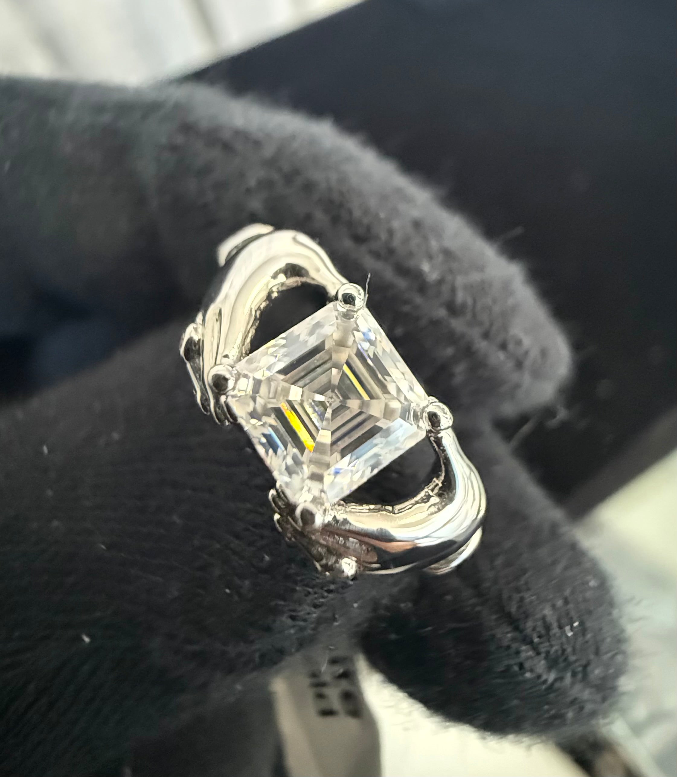 Size 7 Sterling Silver Asscher Cut Moissanite Engagement Ring – Modern Bypass Solitaire.   6015