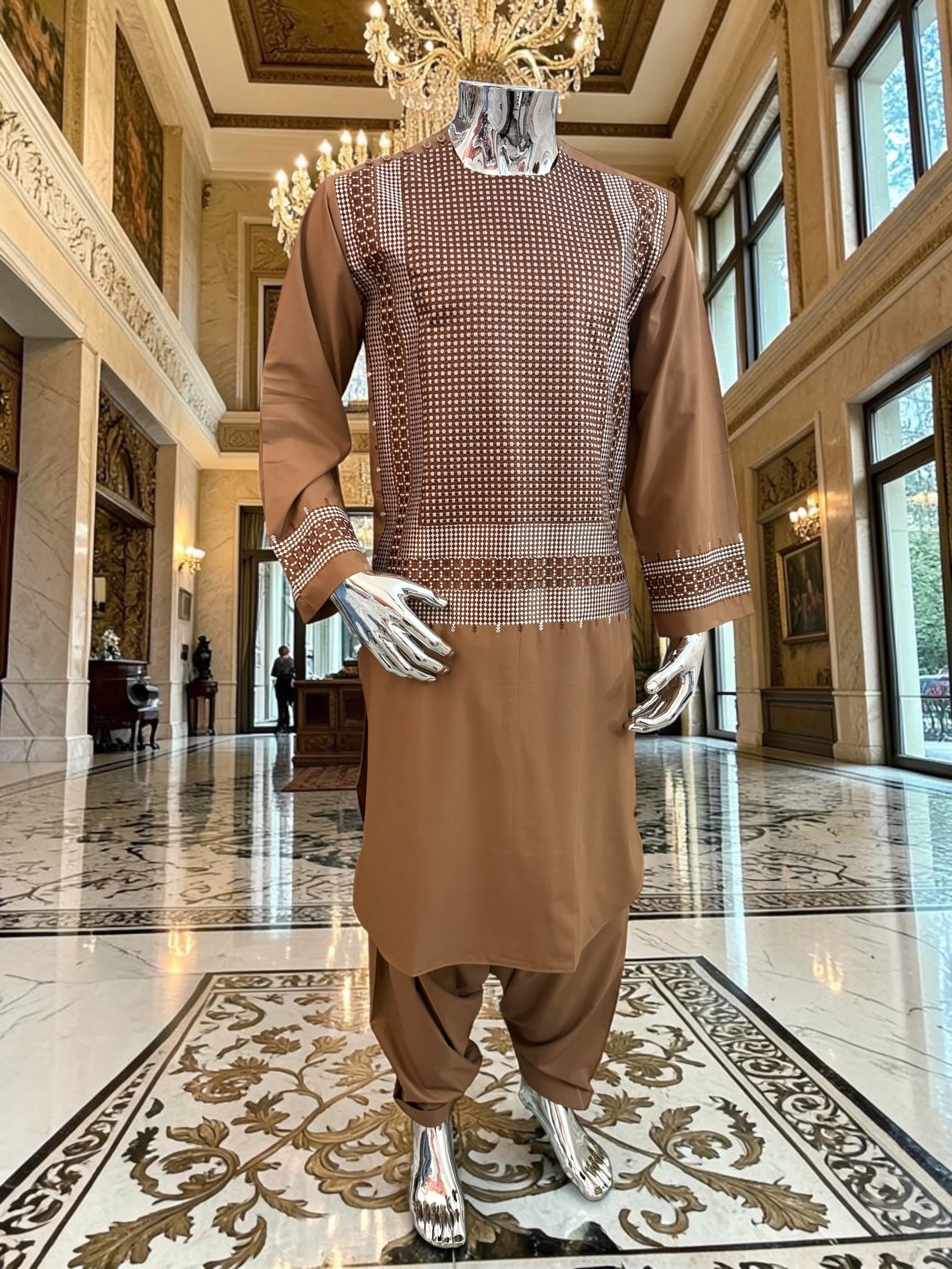Medium Brown Parahan Tunban with White Embroidery | Traditional Afghan Men’s Wear