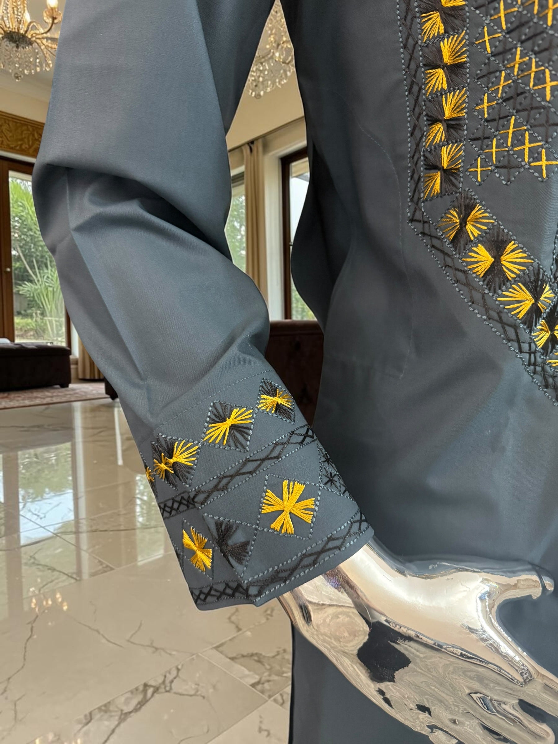 Medium Men’s Afghan Parahan Tunban Set – Dark Slate Blue with Premium Gold & Black Hand Embroidery with Chadder/patto