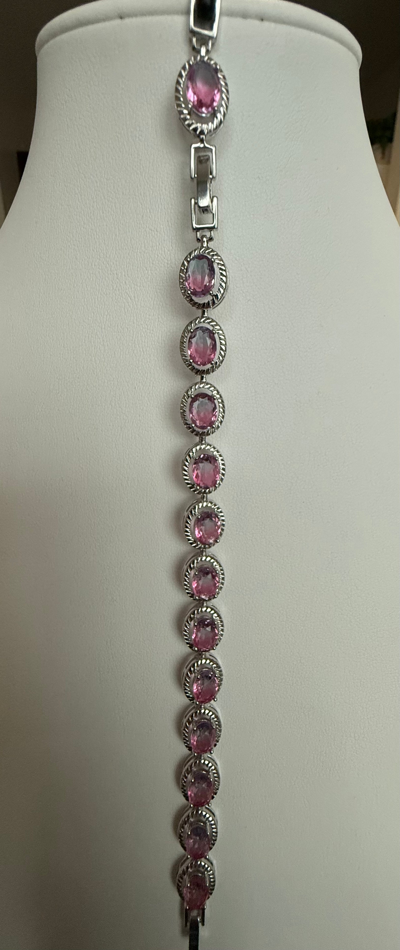 Pink Oval Crystal Rope Halo Bracelet – Silver Tone Statement Bracelet, Gift Ready 7078