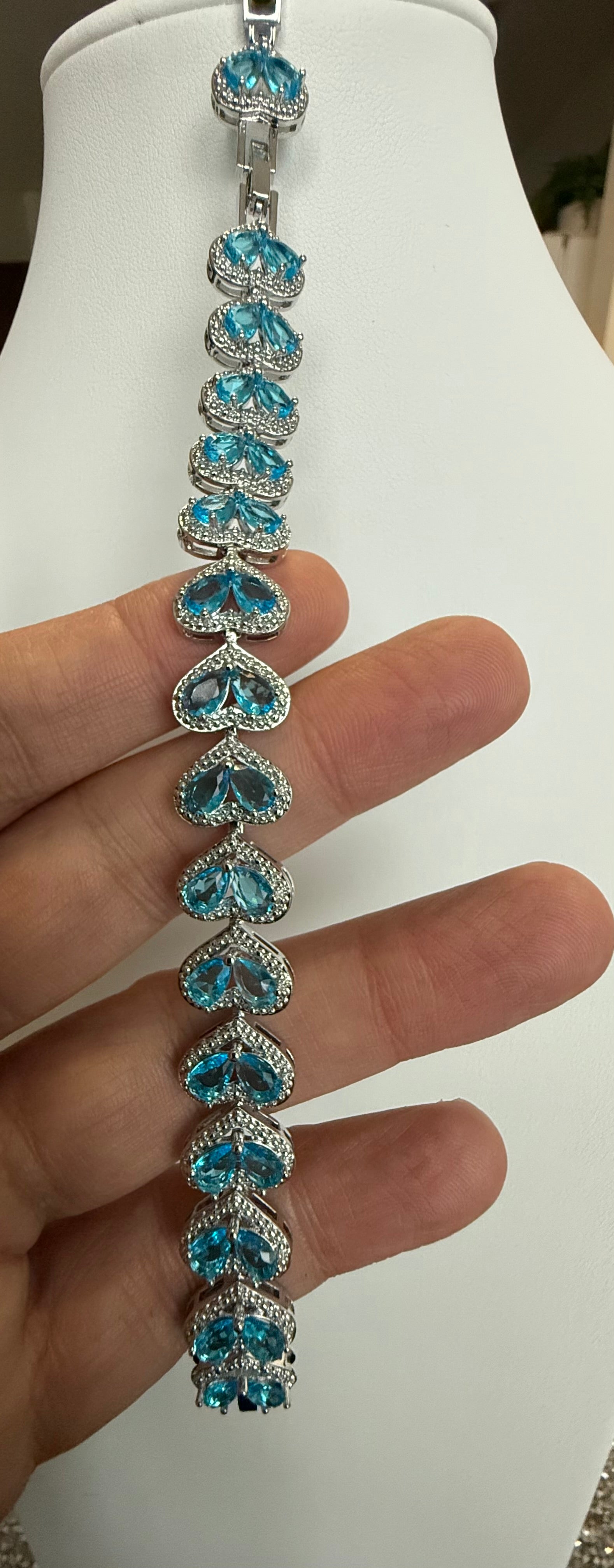 Aqua Blue Crystal Heart Bracelet – Silver Tone Sparkling Heart Link Bracelet, Gift Ready 7079