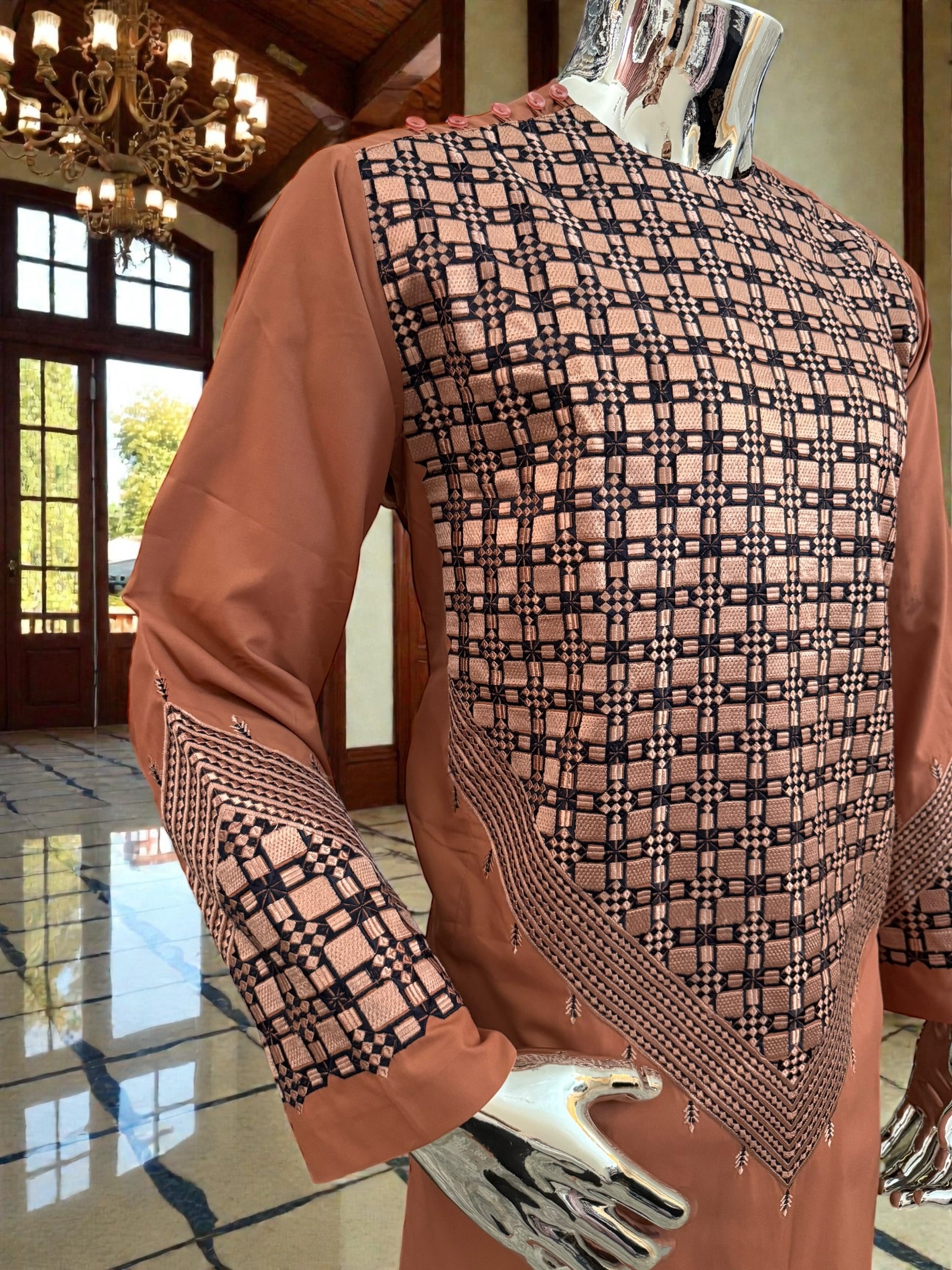 Small Men’s Caramel Brown Parahan Tumban with White & Tan Embroidery | Luxury Afghan Outfit with Matching Shawl