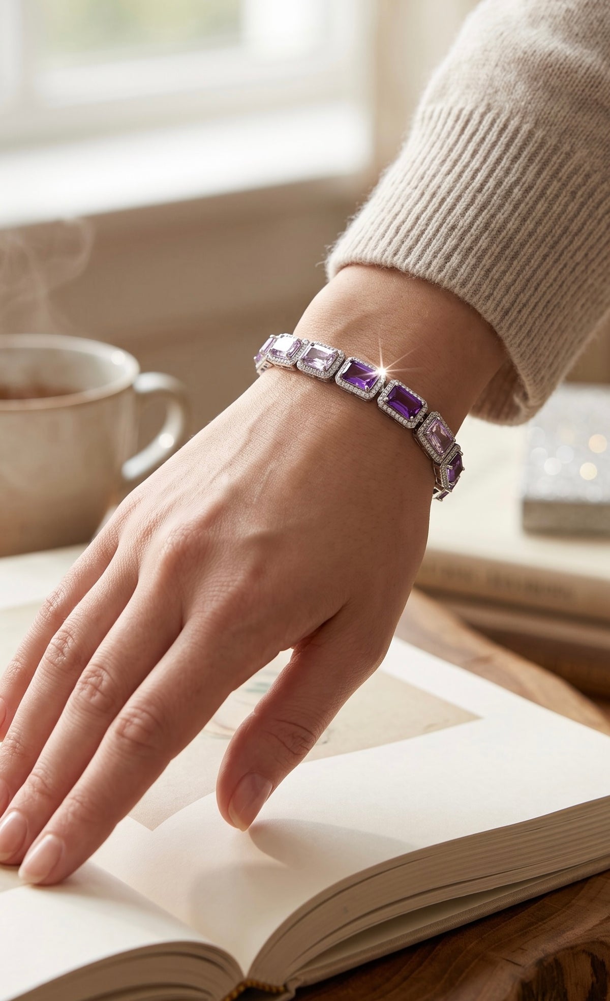 Lavender Emerald-Cut Crystal Halo Bracelet – Silver Tone Statement Jewelry 7089