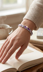 Lavender Emerald-Cut Crystal Halo Bracelet – Silver Tone Statement Jewelry 7089