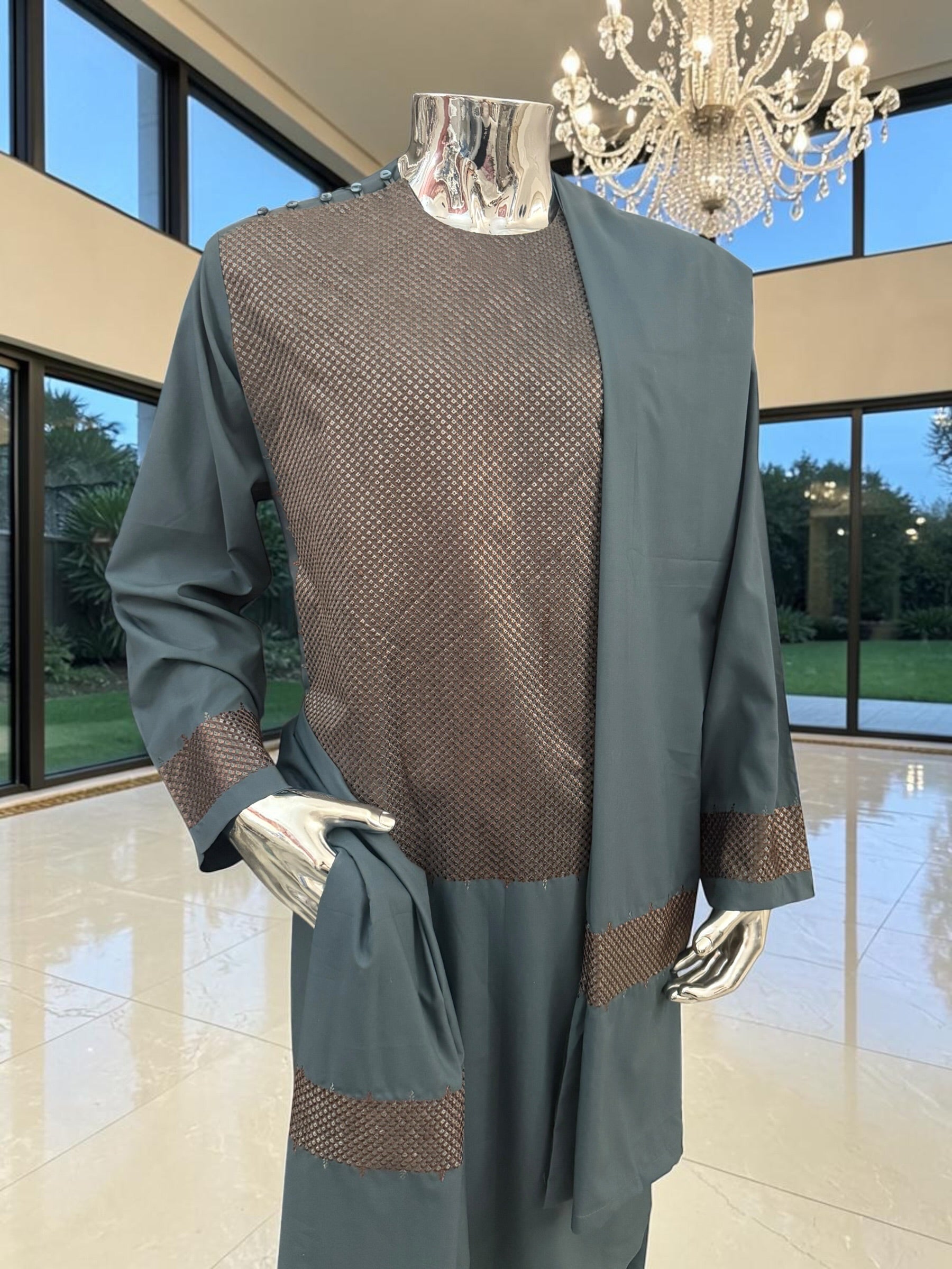 X-Large Men’s Slate Teal & Bronze Embroidered 3-Piece Parahan Tunban with Matching Tunban & Shawl | Afghan Traditional Outfit 7222