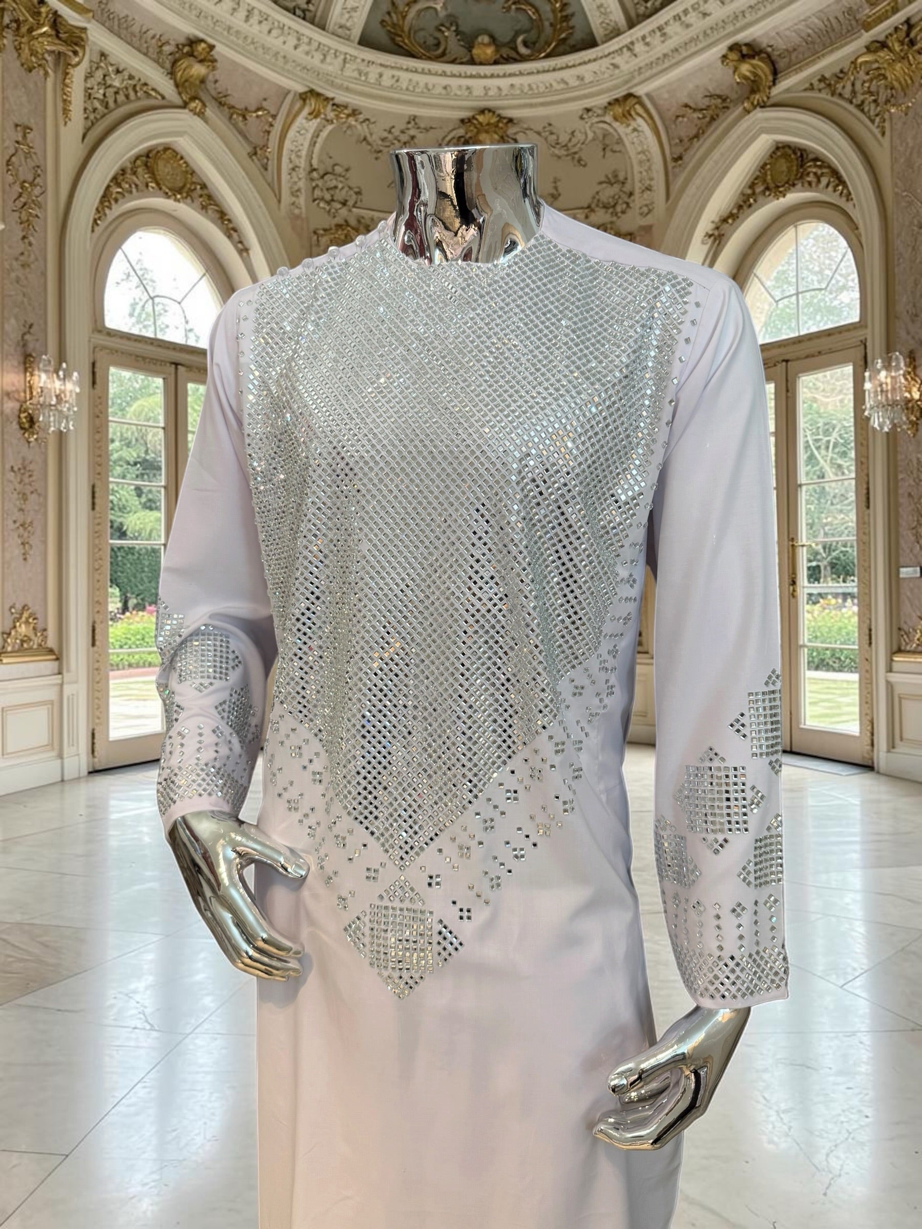 Premium White Afghan Parahan Tunban with Silver Shesha Mirror Work