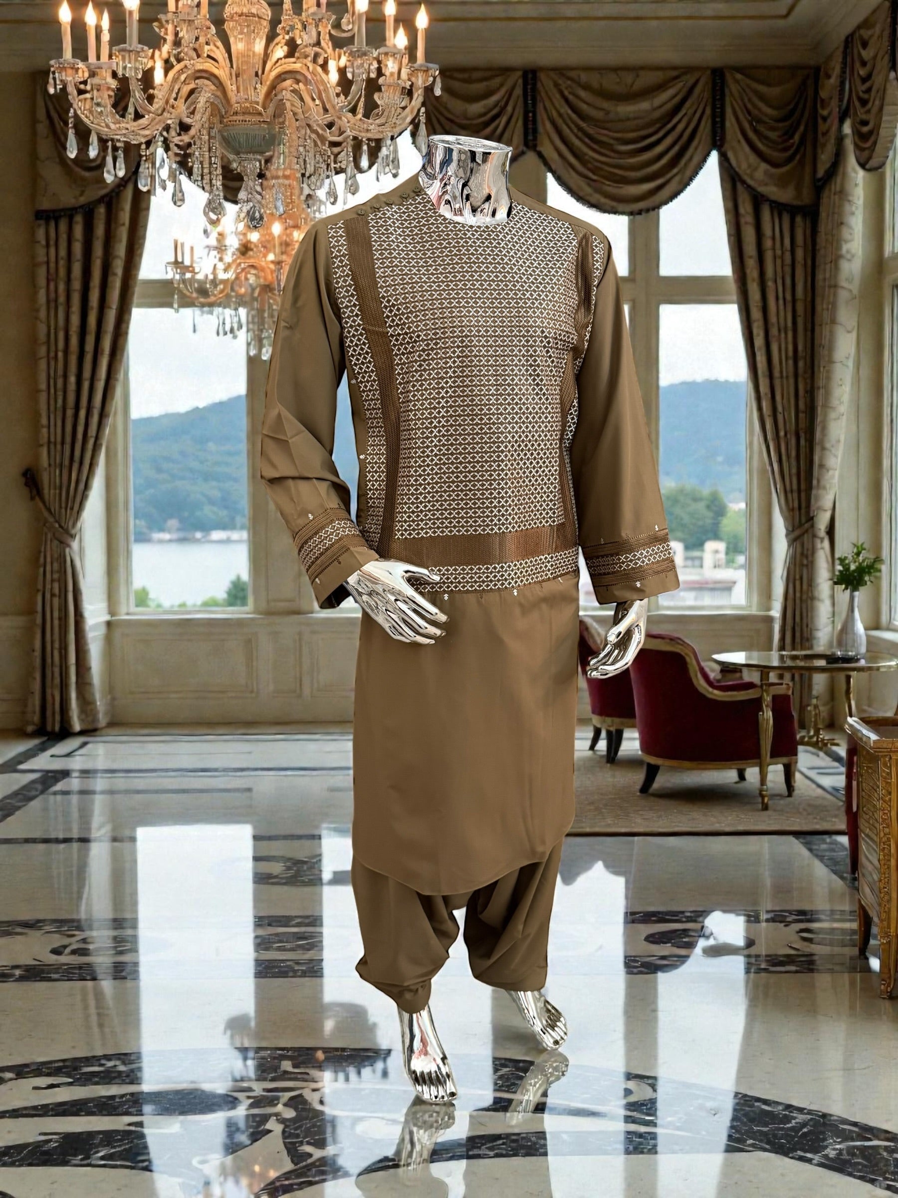 Men’s Camel Brown Parahan Tumban with Matching Embroidery – Afghan Traditional Outfit (Large)
