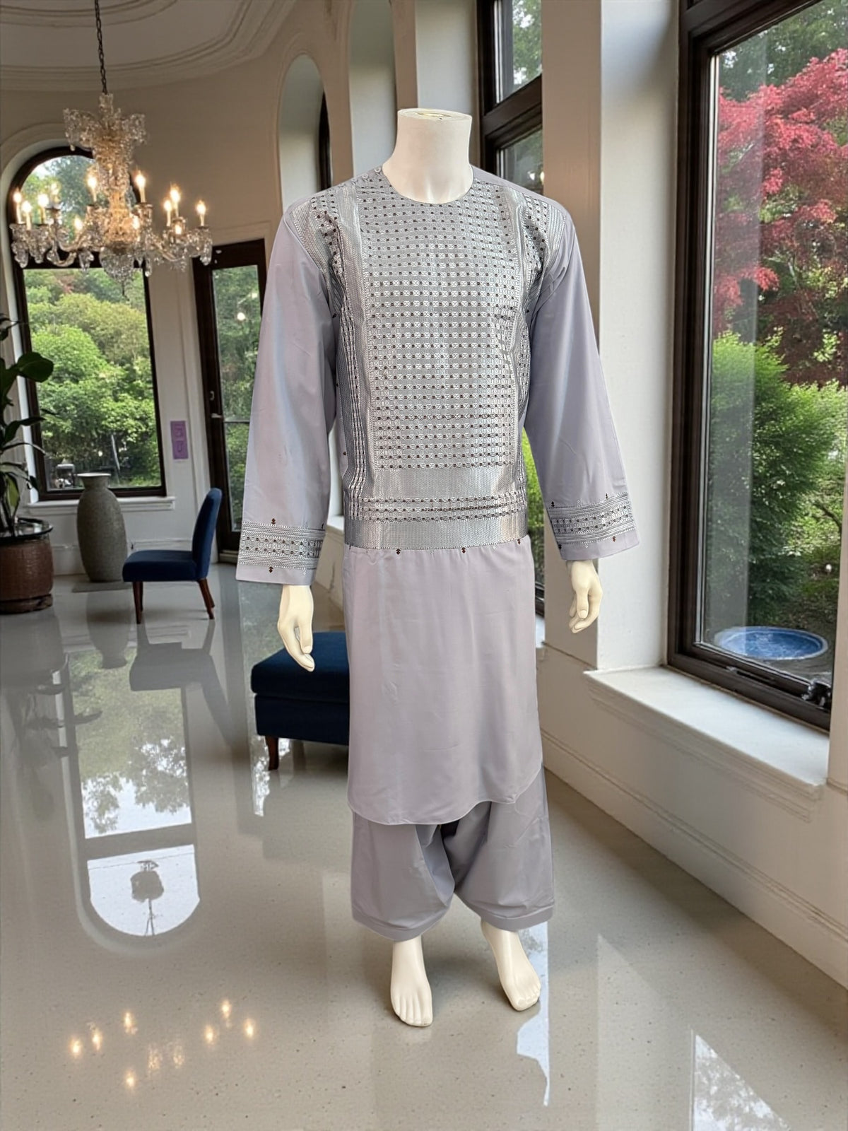 XL Afghan Men’s Kameez – Pale Lilac with Silver & Brown Embroidery | High-Quality Traditional Outfit