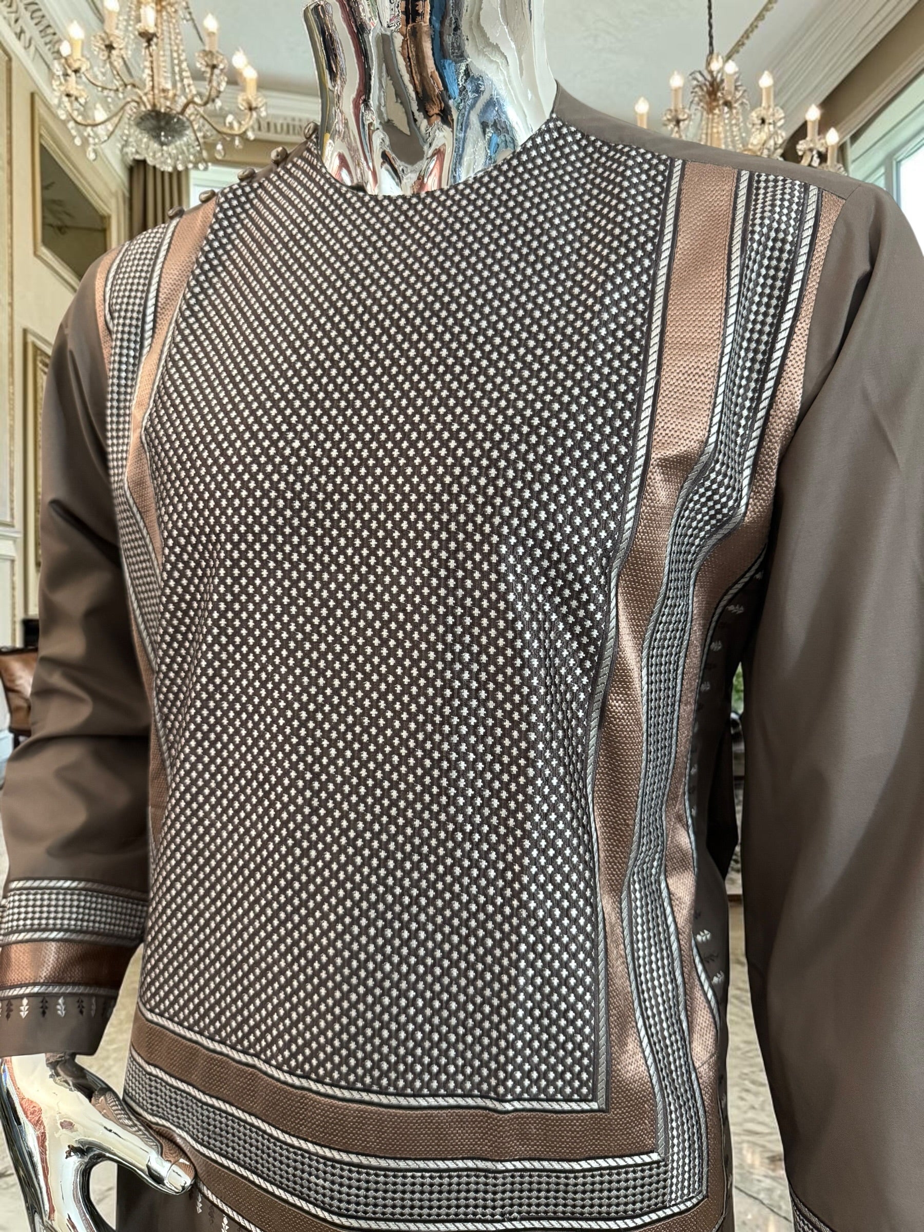 Small Taupe Brown Embroidered Men’s Parahan Tunban Yakhandozi – Premium Traditional Kandahari Yakhan