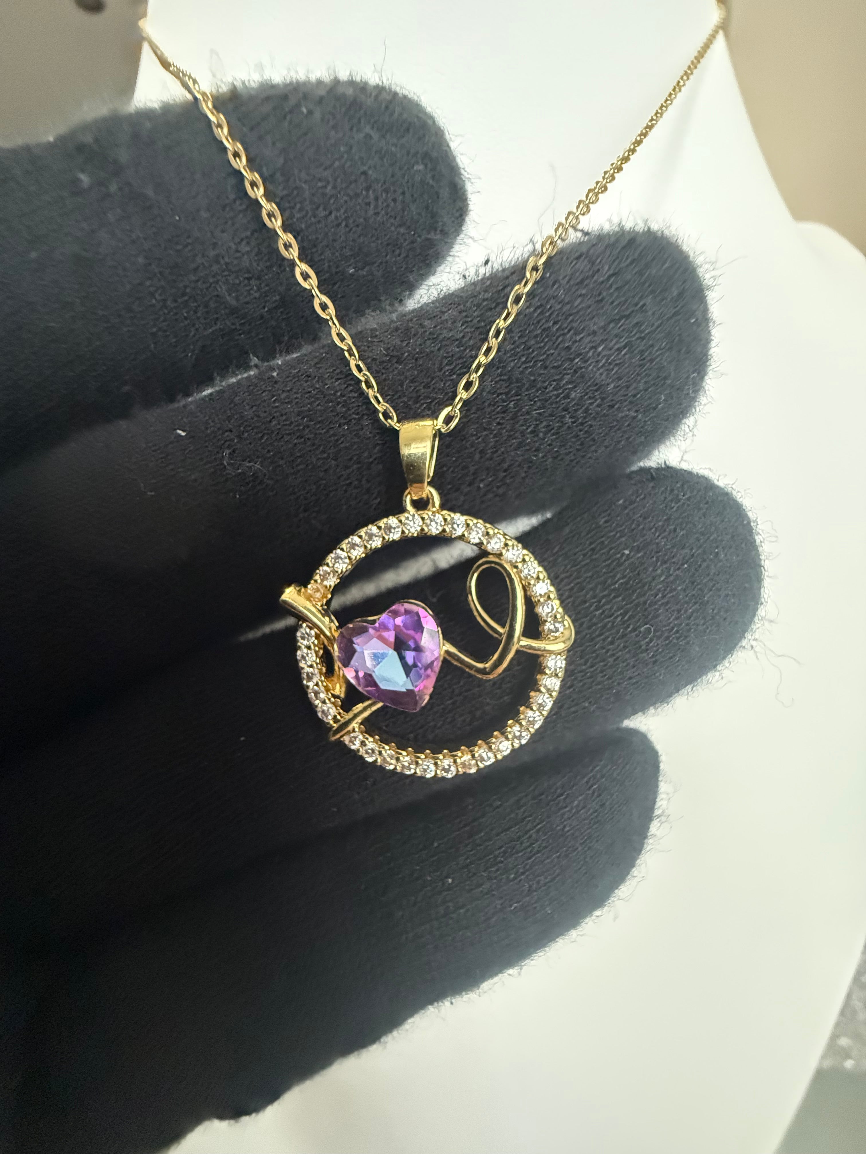 Purple Heart Crystal Pendant Necklace – Gold Tone Stainless Steel Love Pendant 7154