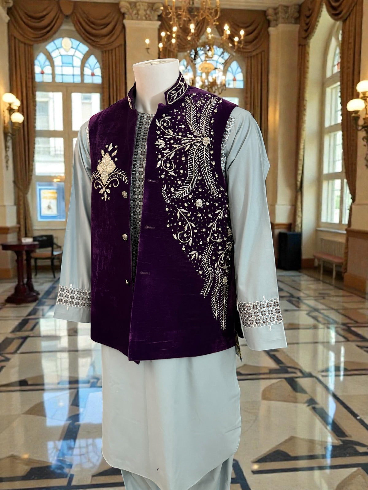 Large Royal Plum Velvet Afghan Waistcoat with Hand Embroidery
