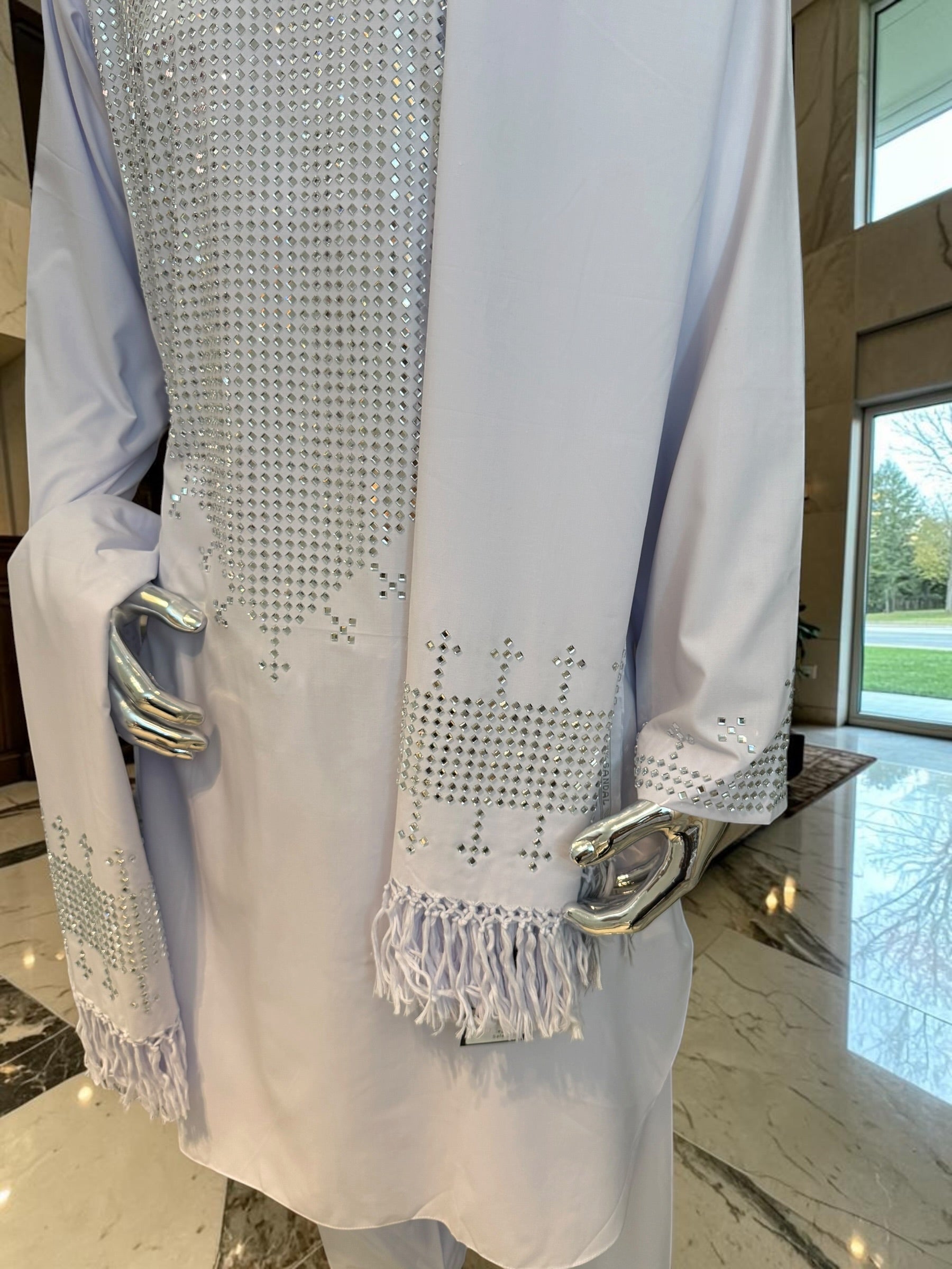 White Chadder Shawl with Shesha Mirror work and Fringe at the end