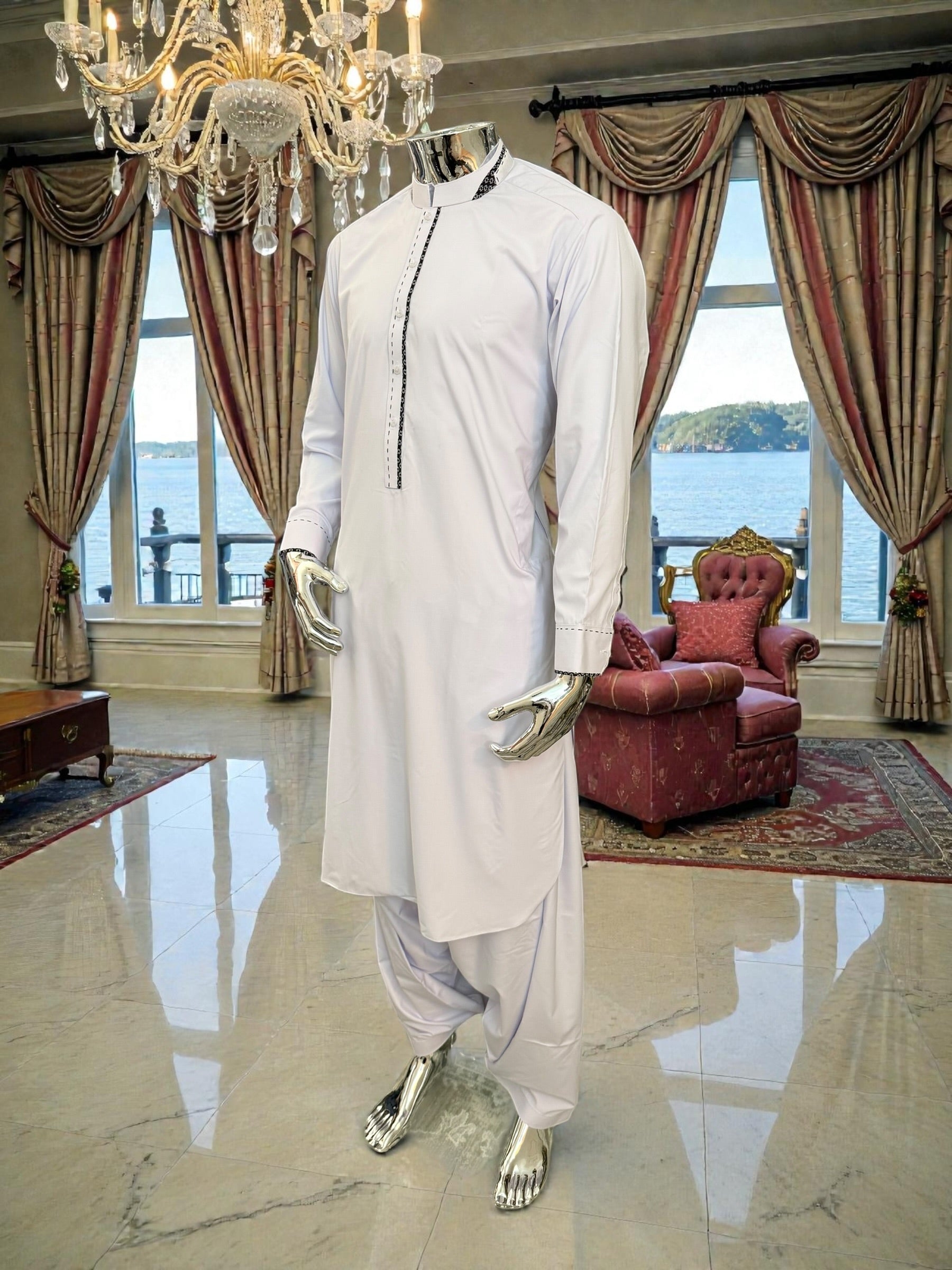 Men’s White Afghan Parahan Tumban with Black Embroidered Placket – Premium Cotton-Blend Fabric | Medium Size