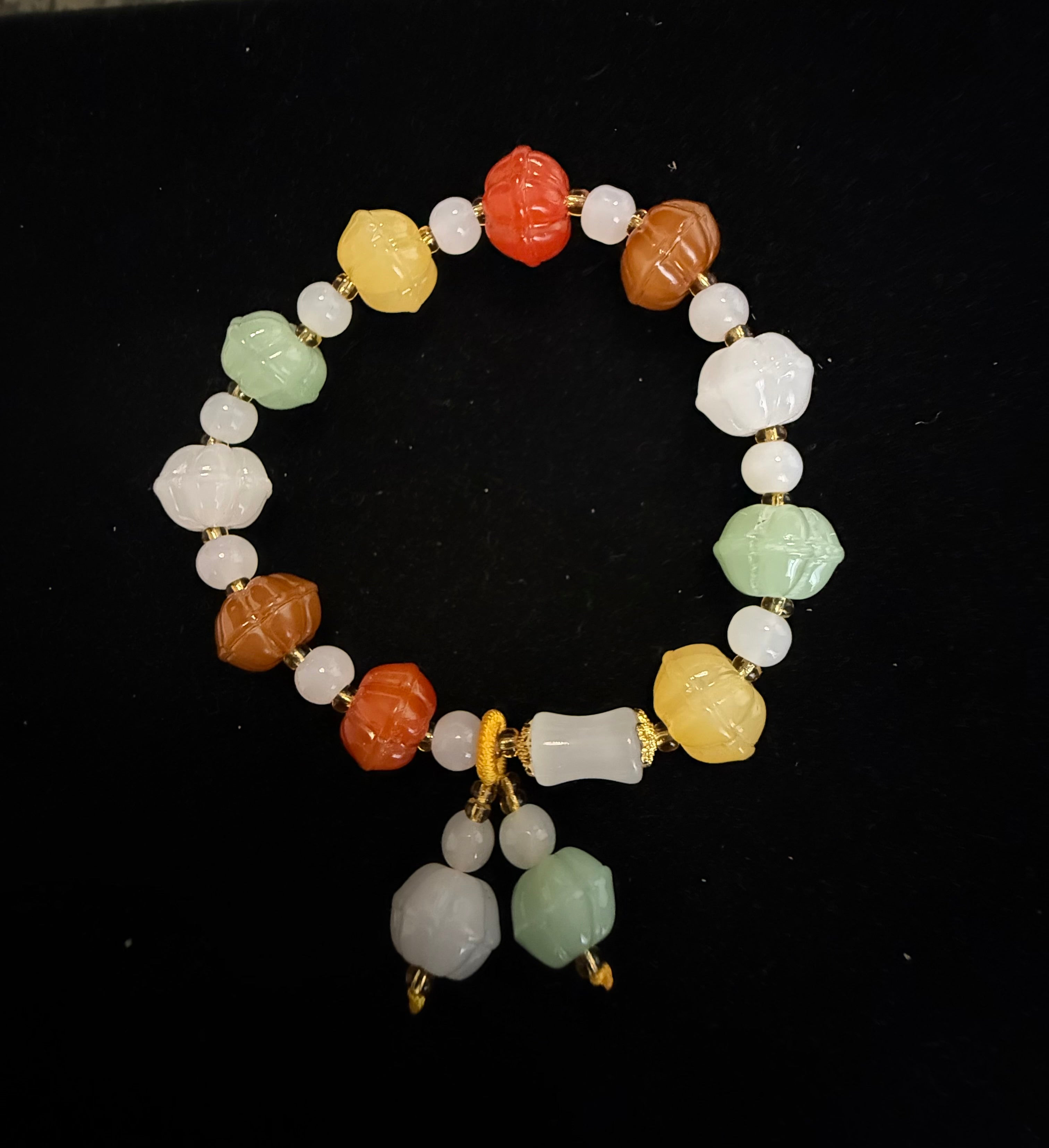Multicolor Carved Floral Bead Bracelet with Charms for Women