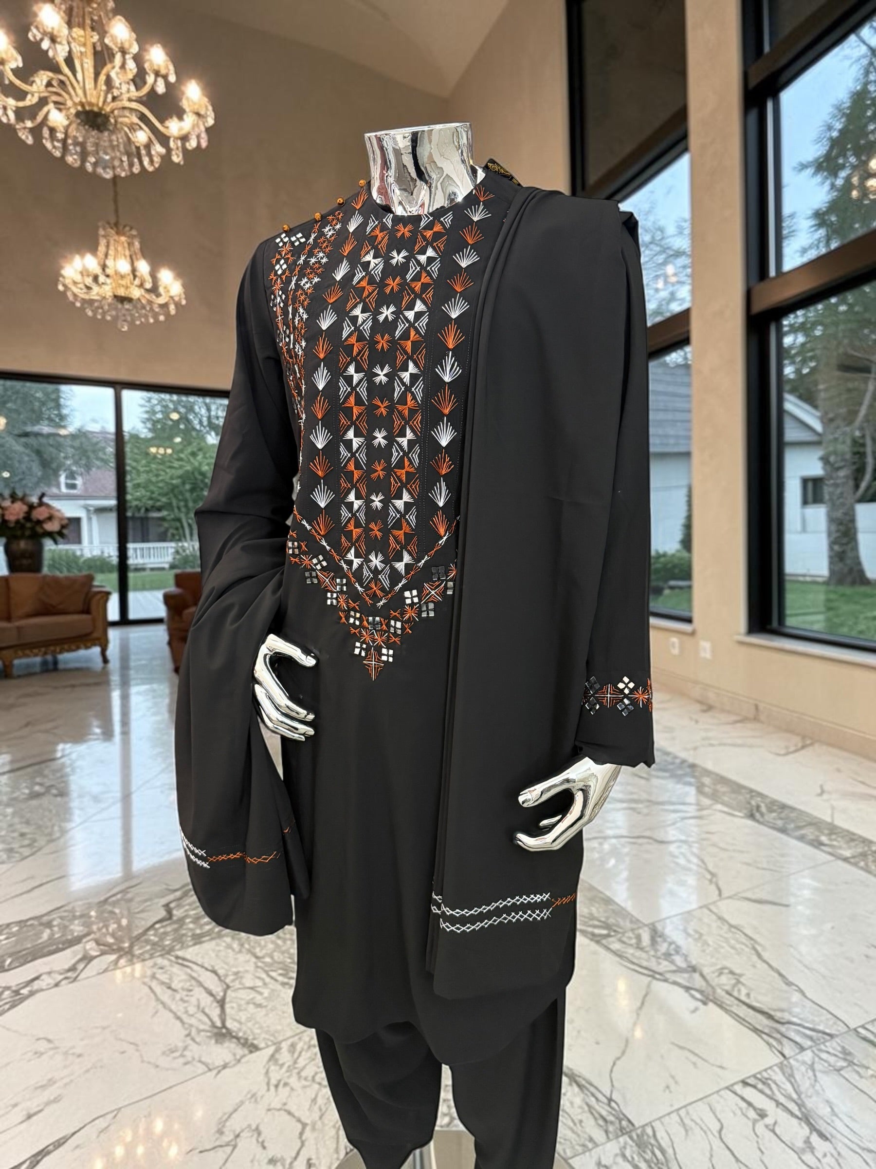 Large Black Afghan Parahan Tunban with Mirror Work – Premium Embroidered Men’s Traditional Outfit with Chadder/patto
