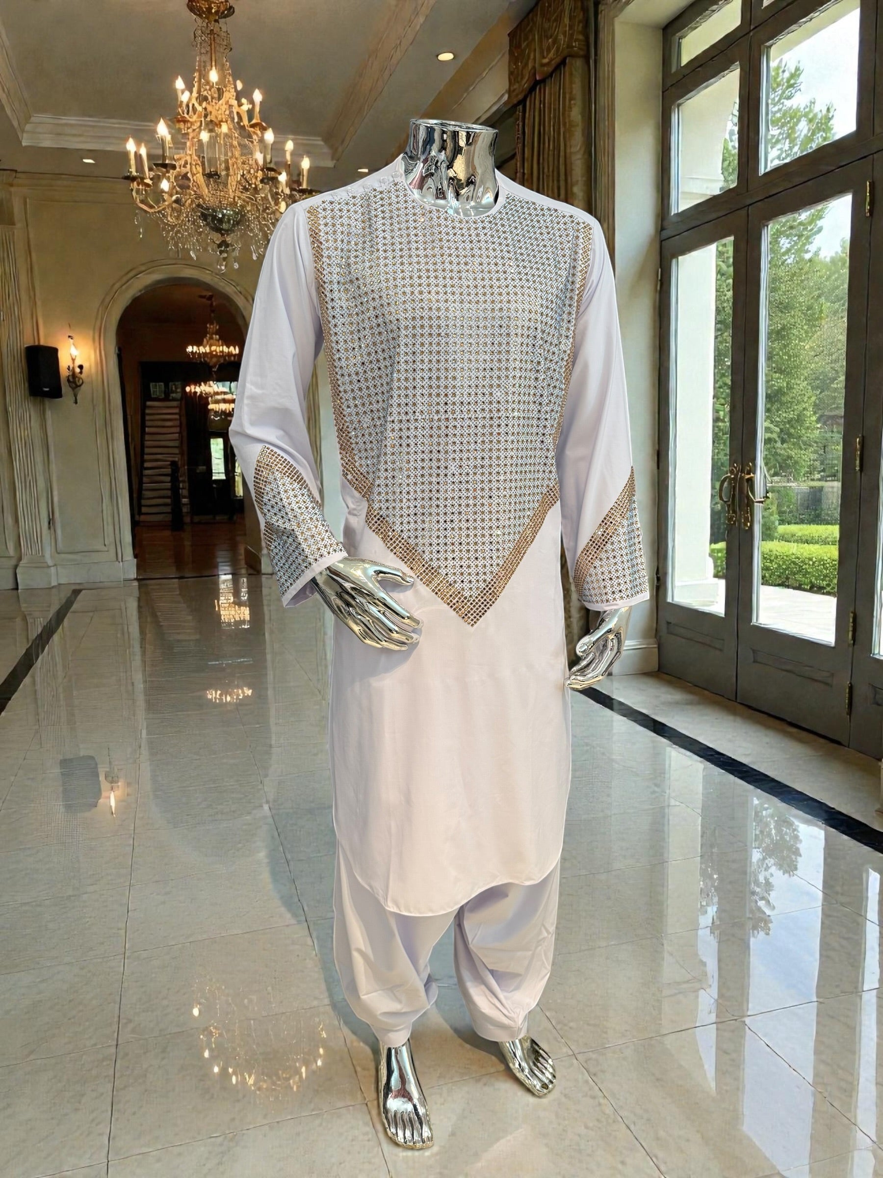 Men’s White Shesha Parahan Tunban Luxury Afghan Outfit with Matching Shawl | Luqmaan Boutique Collection Small