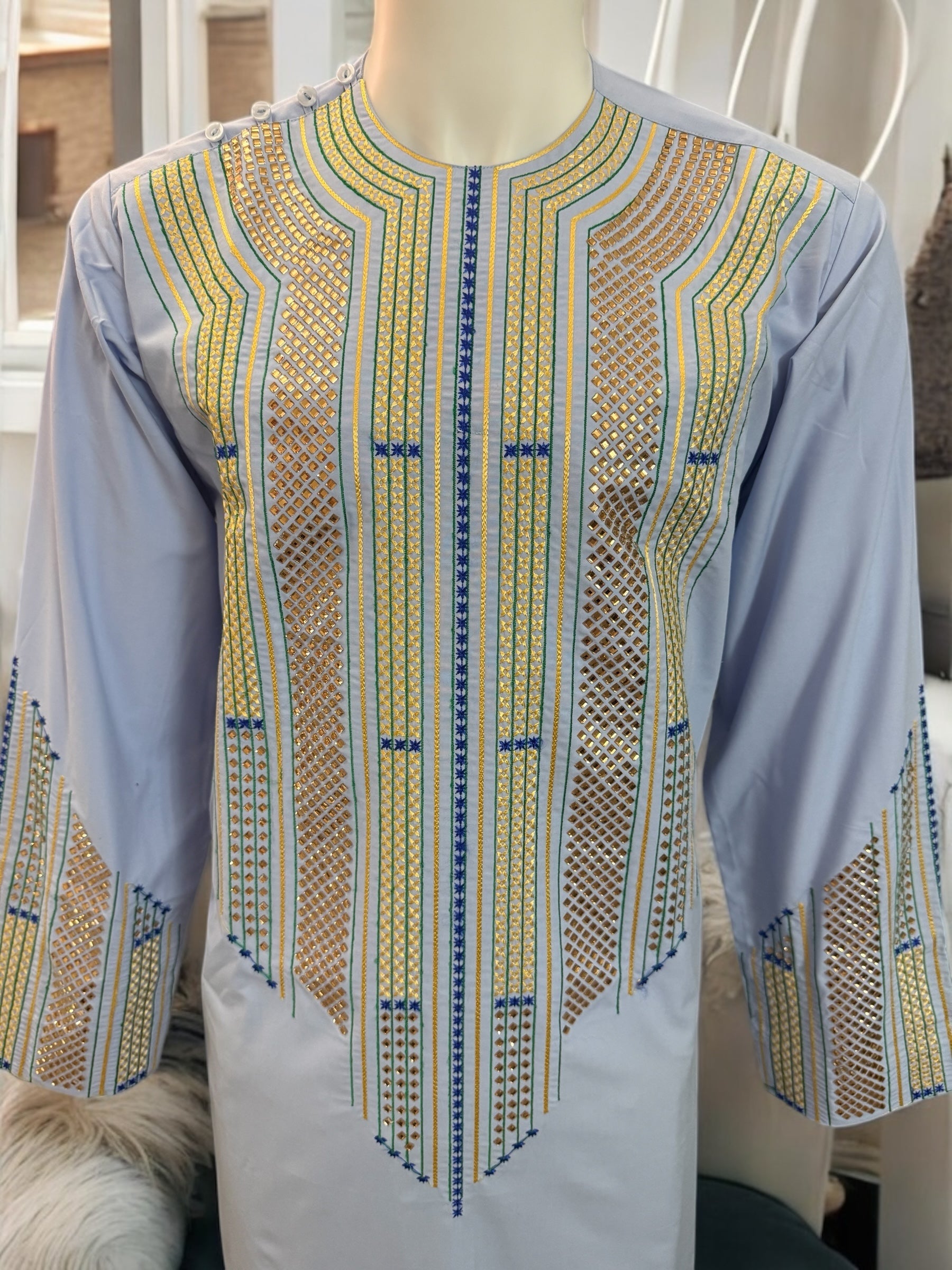 Afghan Parahan Tunban Kameese Shalwar Light Blue Gold Shesha Embroidered Medium