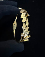 Gold Tone Leaf Vine Stretch Open Bangle Bracelet with Clear Stone Accents 8060