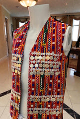 Men’s Traditional Afghan Vest with Multicolor Embroidery and Gold Coinwork | Handmade Waistcoat Small