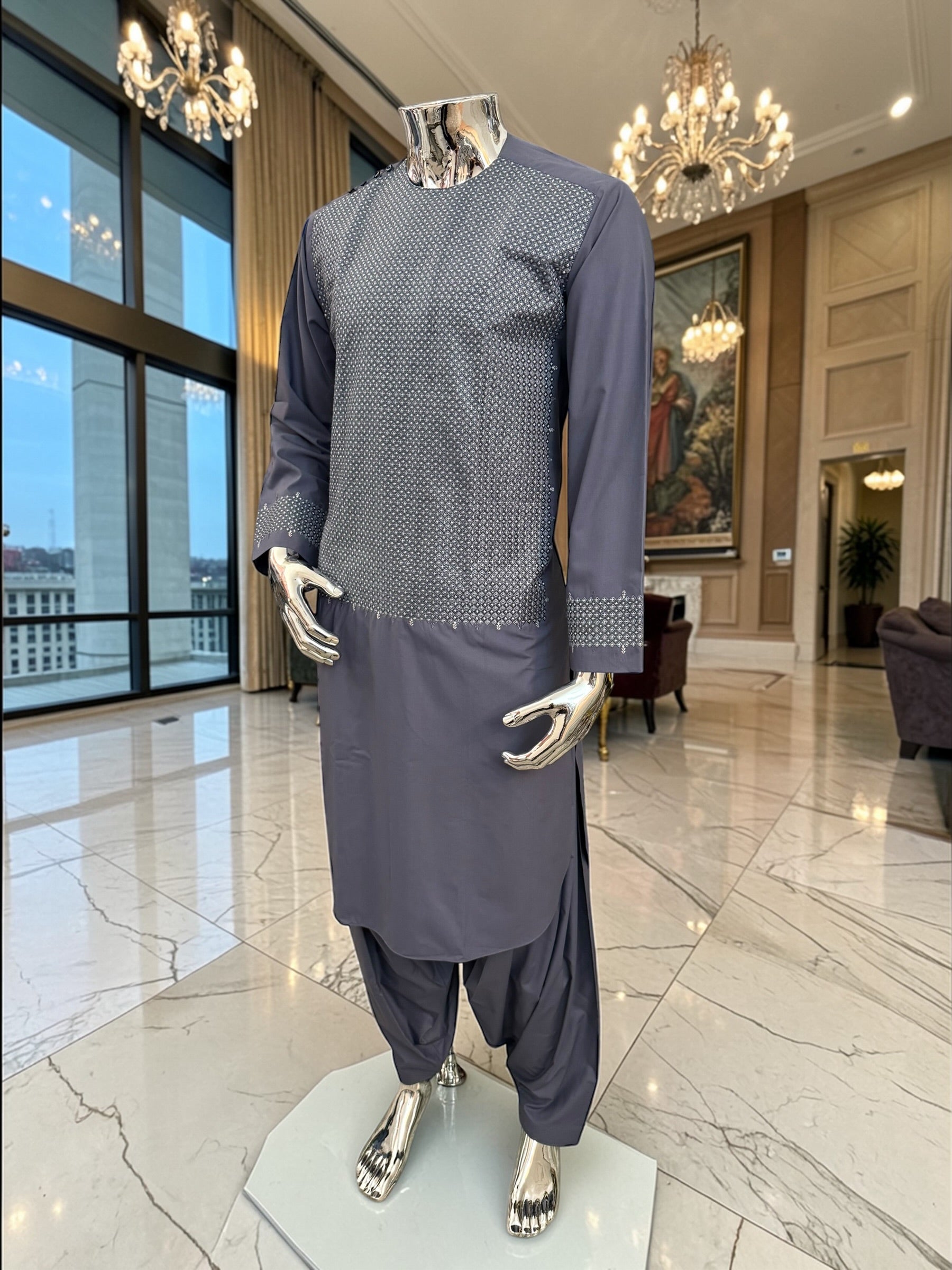 Men’s Grey Parahan Tumban with Matching Machine Embroidery – Traditional Afghan Outfit, Medium
