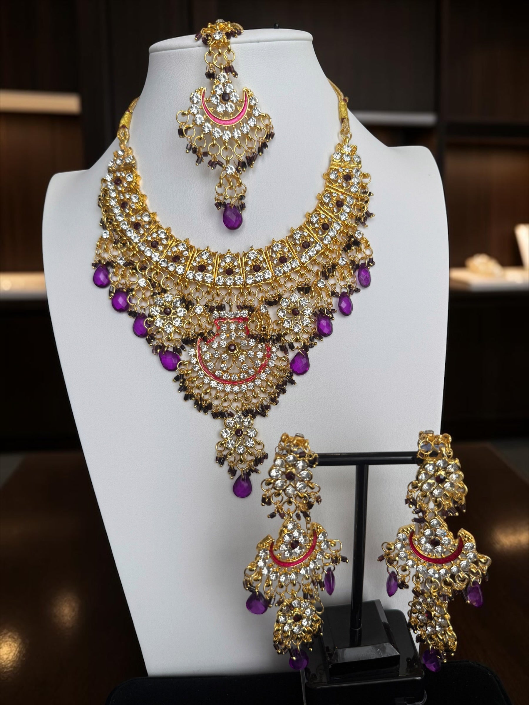 Purple Indian Pakistani Afghan Bridal Jewelry Set with Earrings & Maang Tikka | Gold Tone Crystal Rhinestone Necklace Set | Wedding Jewelry Gift Box Included 7013