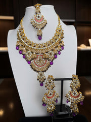 Purple Indian Pakistani Afghan Bridal Jewelry Set with Earrings & Maang Tikka | Gold Tone Crystal Rhinestone Necklace Set | Wedding Jewelry Gift Box Included 7013