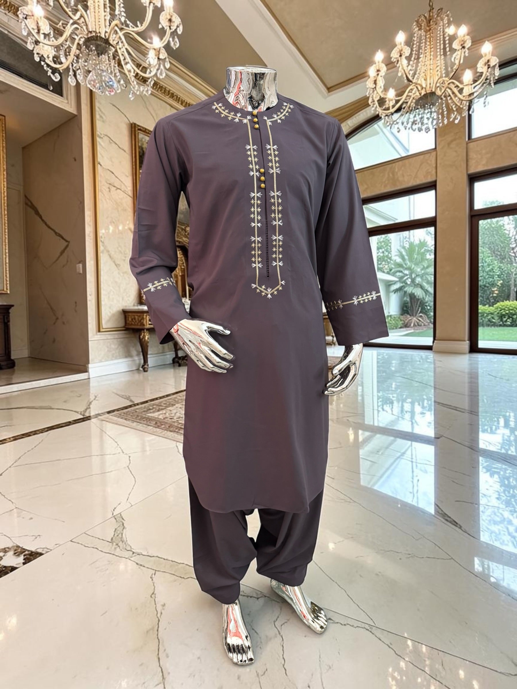 Plum Embroidered Afghan Parahan Tunban for Men with Matching Shawl