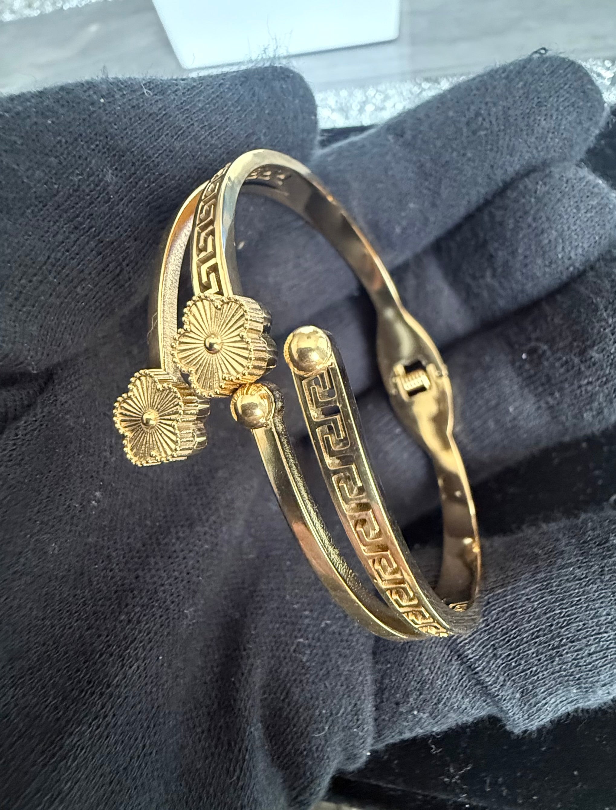 Greek Key Floral Open Cuff Bangle Bracelet – Gold or Silver Tone