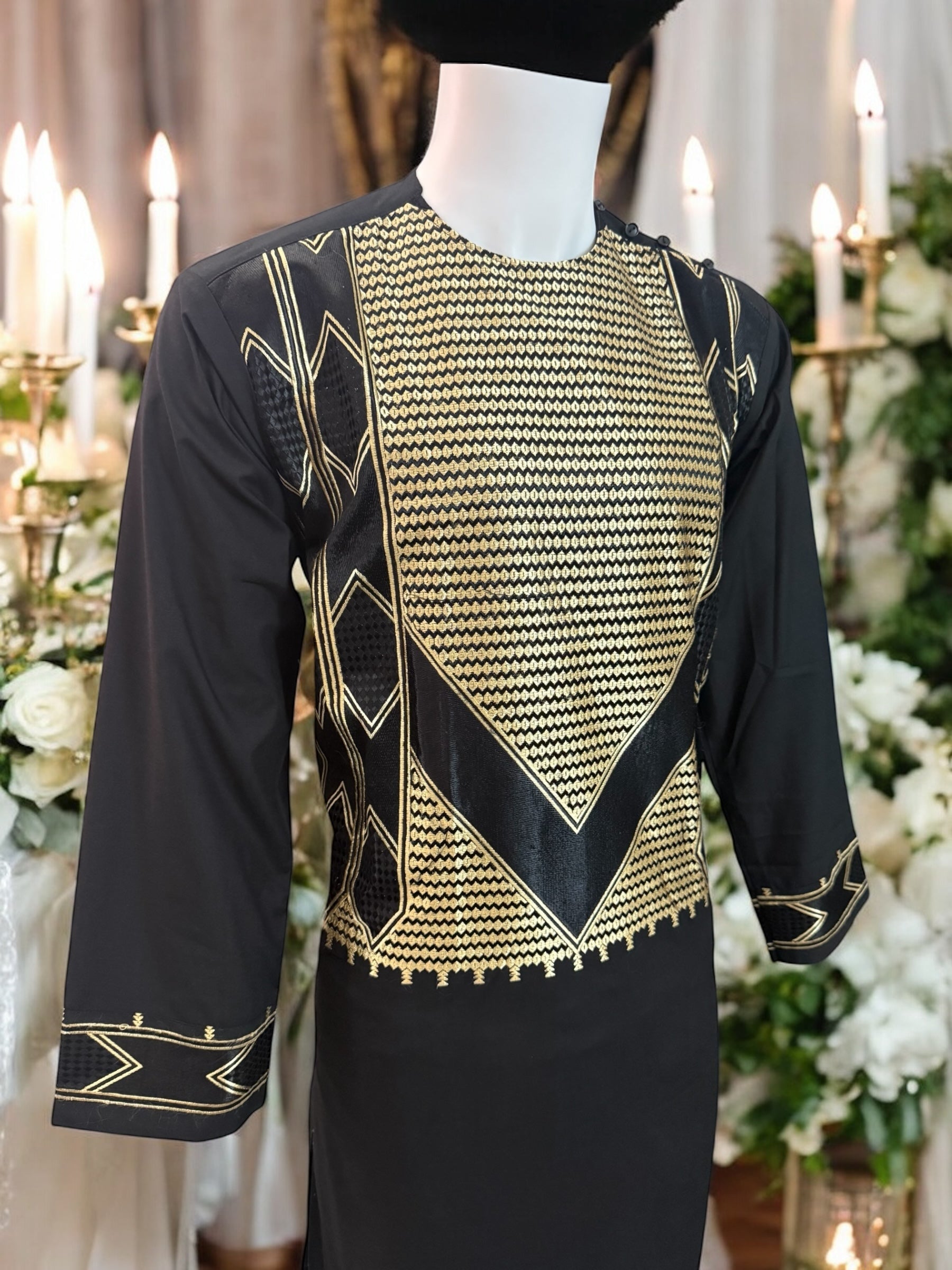 Afghan Parahan Tunban for Men Machine Embroidered Black Gold Traditional Wear Medium