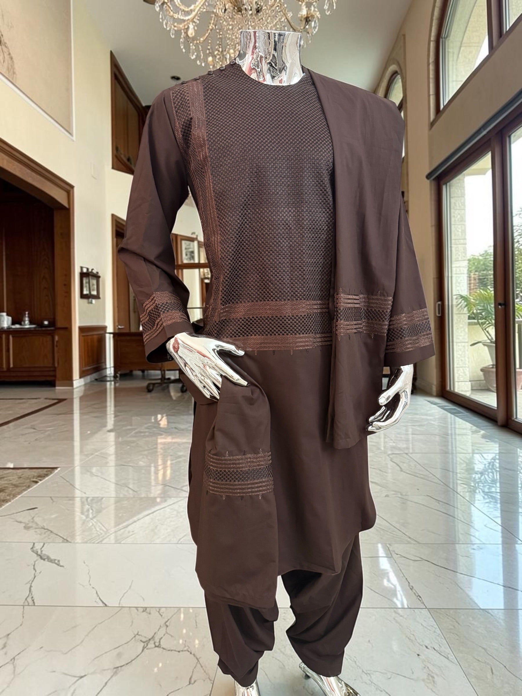 Medium Premium Dark Brown Machine Embroidered Parahan Tunban Set with Matching Pattu