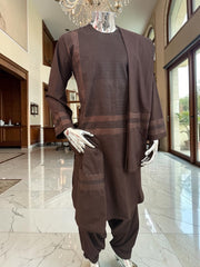 Medium Premium Dark Brown Machine Embroidered Parahan Tunban Set with Matching Pattu
