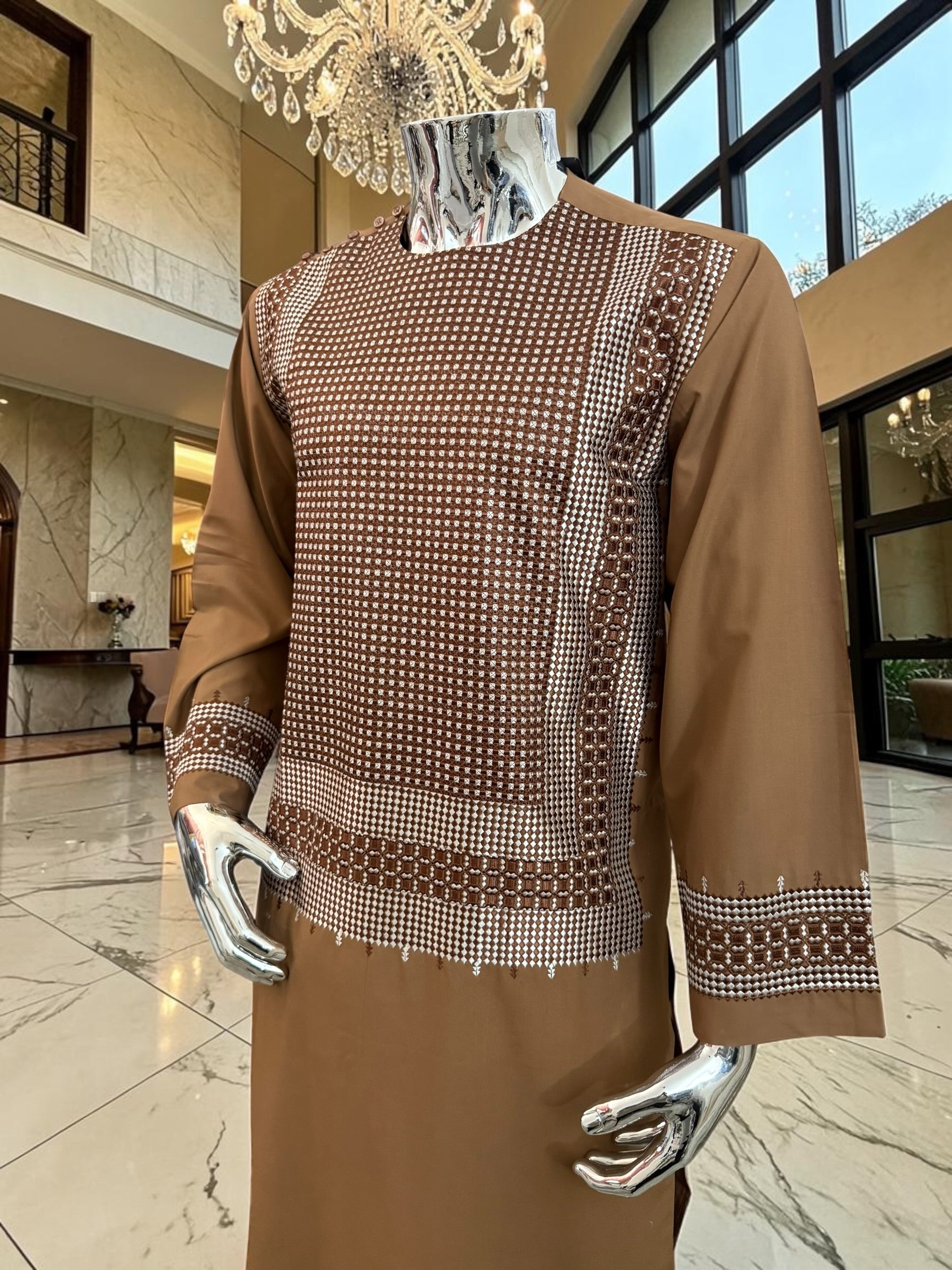 Medium Brown Parahan Tunban with White Embroidery | Traditional Afghan Men’s Wear