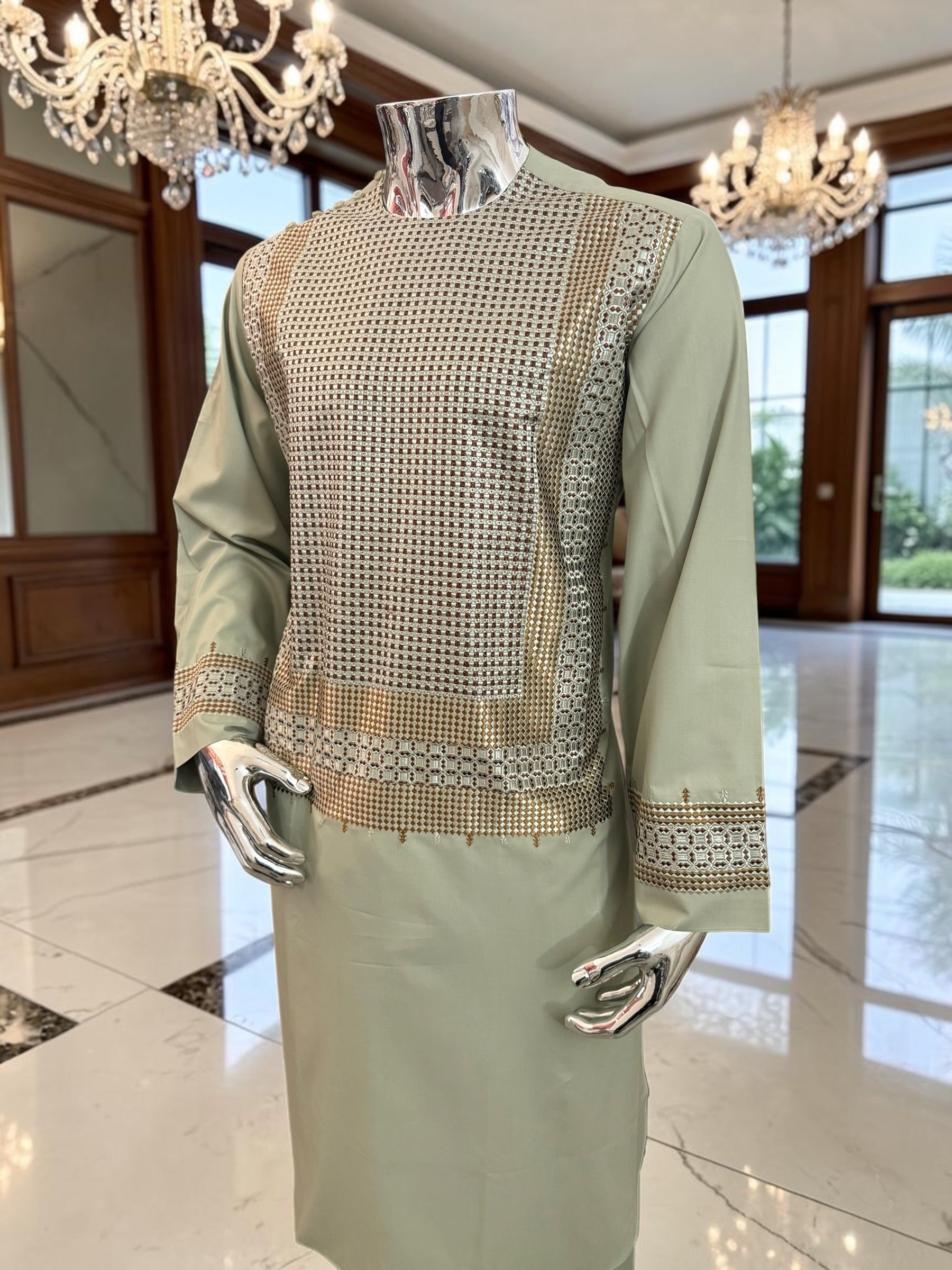 Large Sage Green Afghan Parahan Tunban with Gold and Brown Embroidery | Traditional Men’s Afghan Outfit