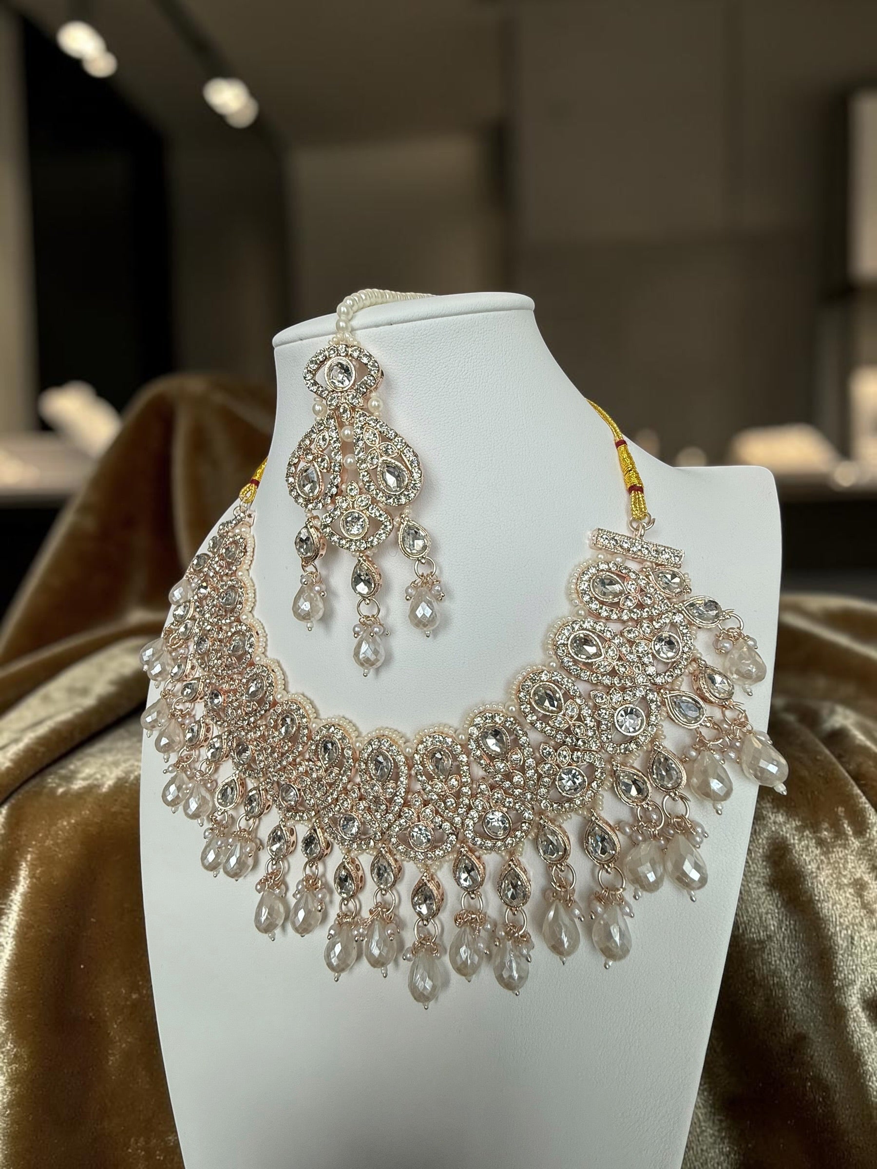 Champagne Pearl Kundan Bridal Jewelry Set with Earrings & Maang Tikka | Rose Gold Indian Pakistani Afghan Wedding Necklace | Jewelry Gift Box Included 6048