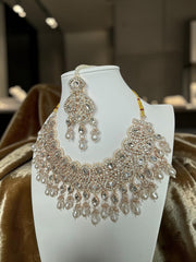 Champagne Pearl Kundan Bridal Jewelry Set with Earrings & Maang Tikka | Rose Gold Indian Pakistani Afghan Wedding Necklace | Jewelry Gift Box Included 6048