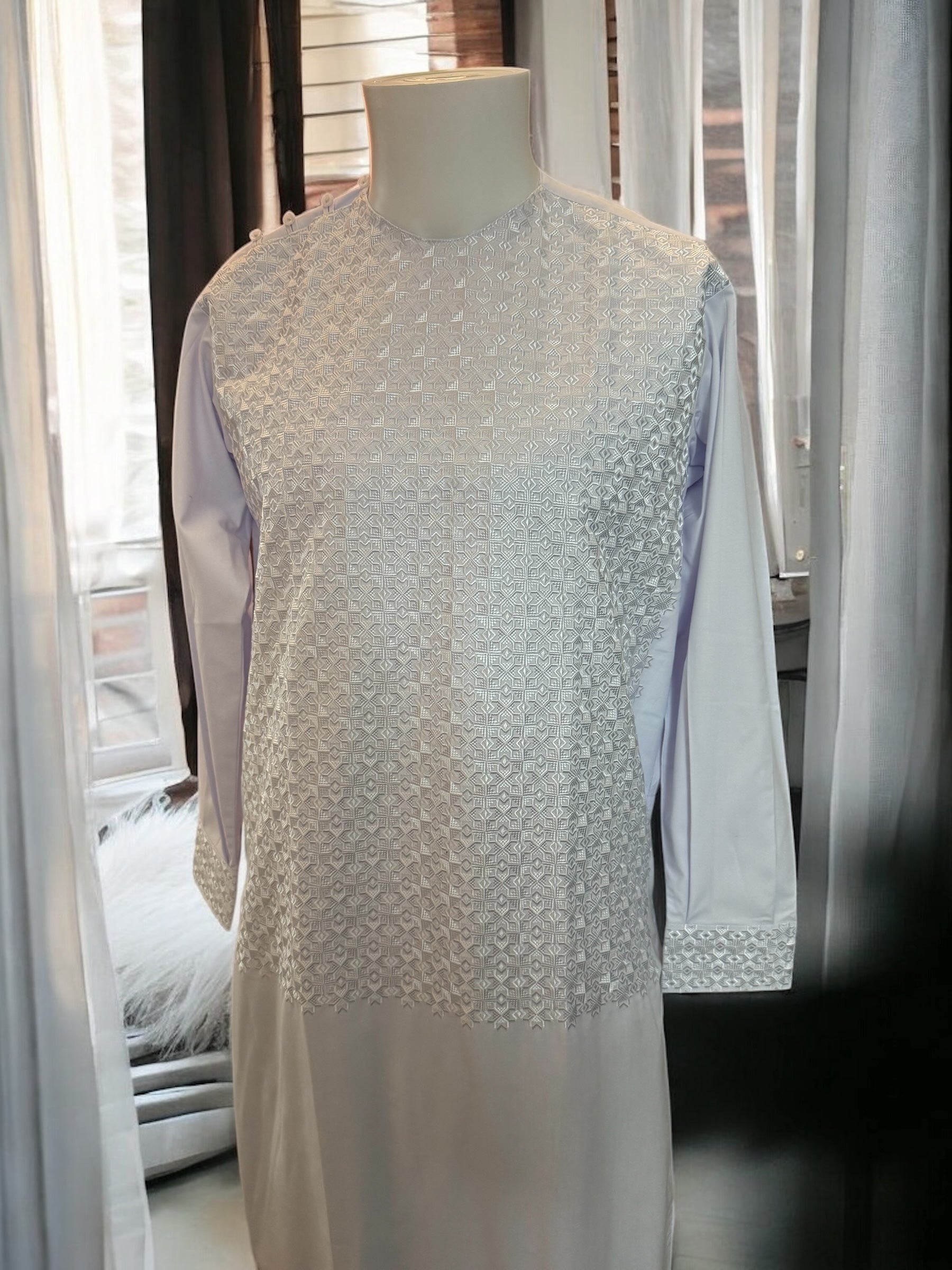 White Afghan Parahan Tunban for Men with Machine Khamakdozi – X-Small