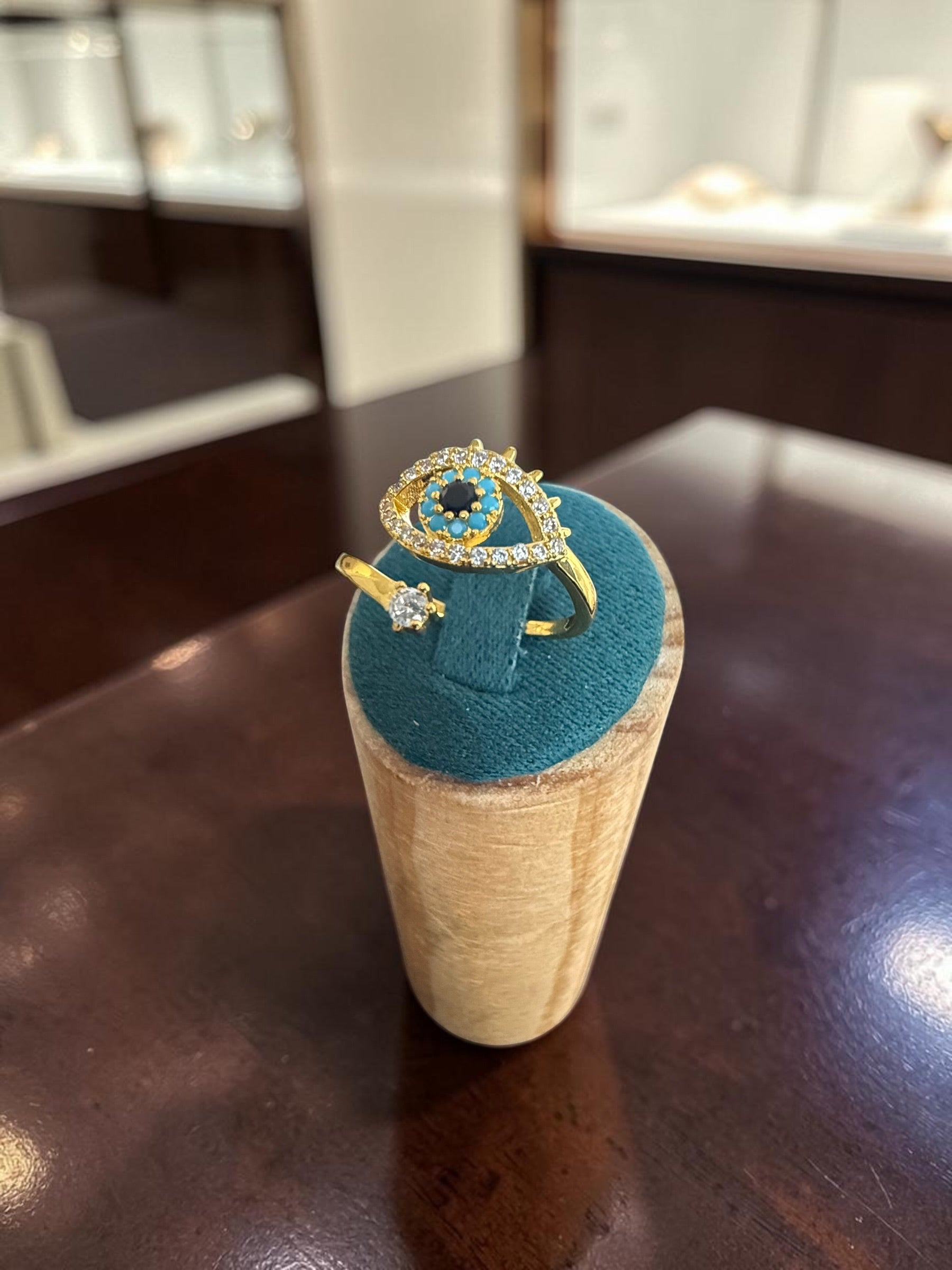Gold Tone Turquoise Evil Eye Adjustable Bypass Statement Ring 7151