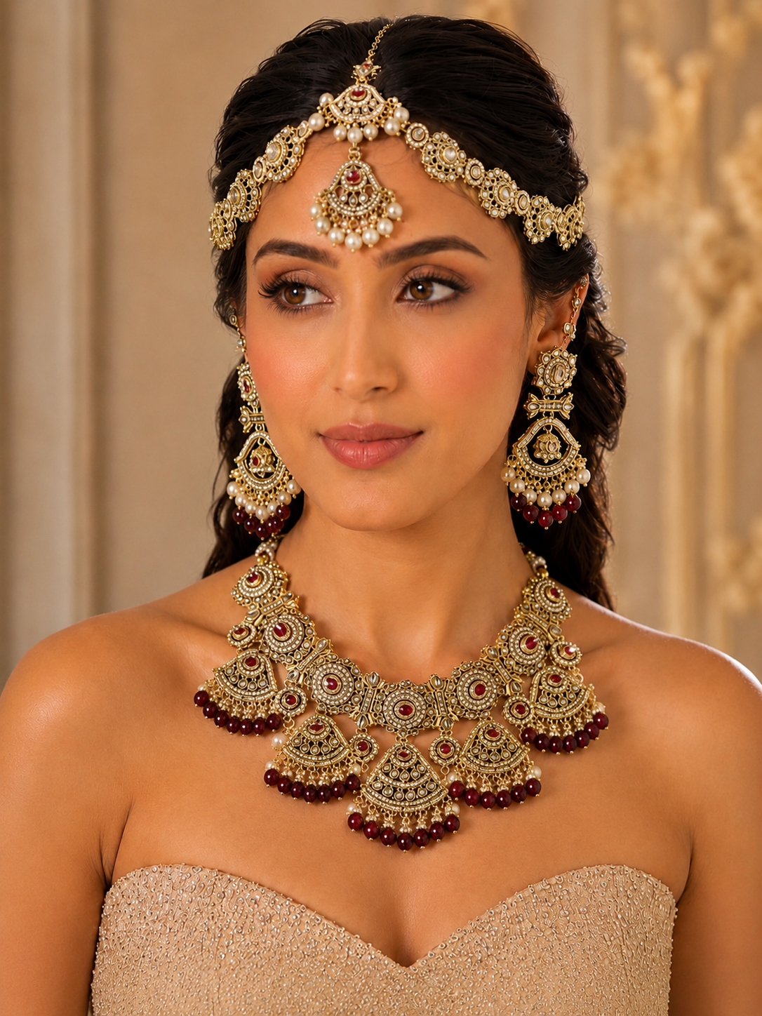 Luxury Kundan Bridal Jewelry Set with Sheeshphool, Necklace & Earrings – Ruby Red, Emerald Green & Pearl White