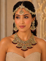 Luxury Kundan Bridal Jewelry Set with Sheeshphool, Necklace & Earrings – Ruby Red, Emerald Green & Pearl White
