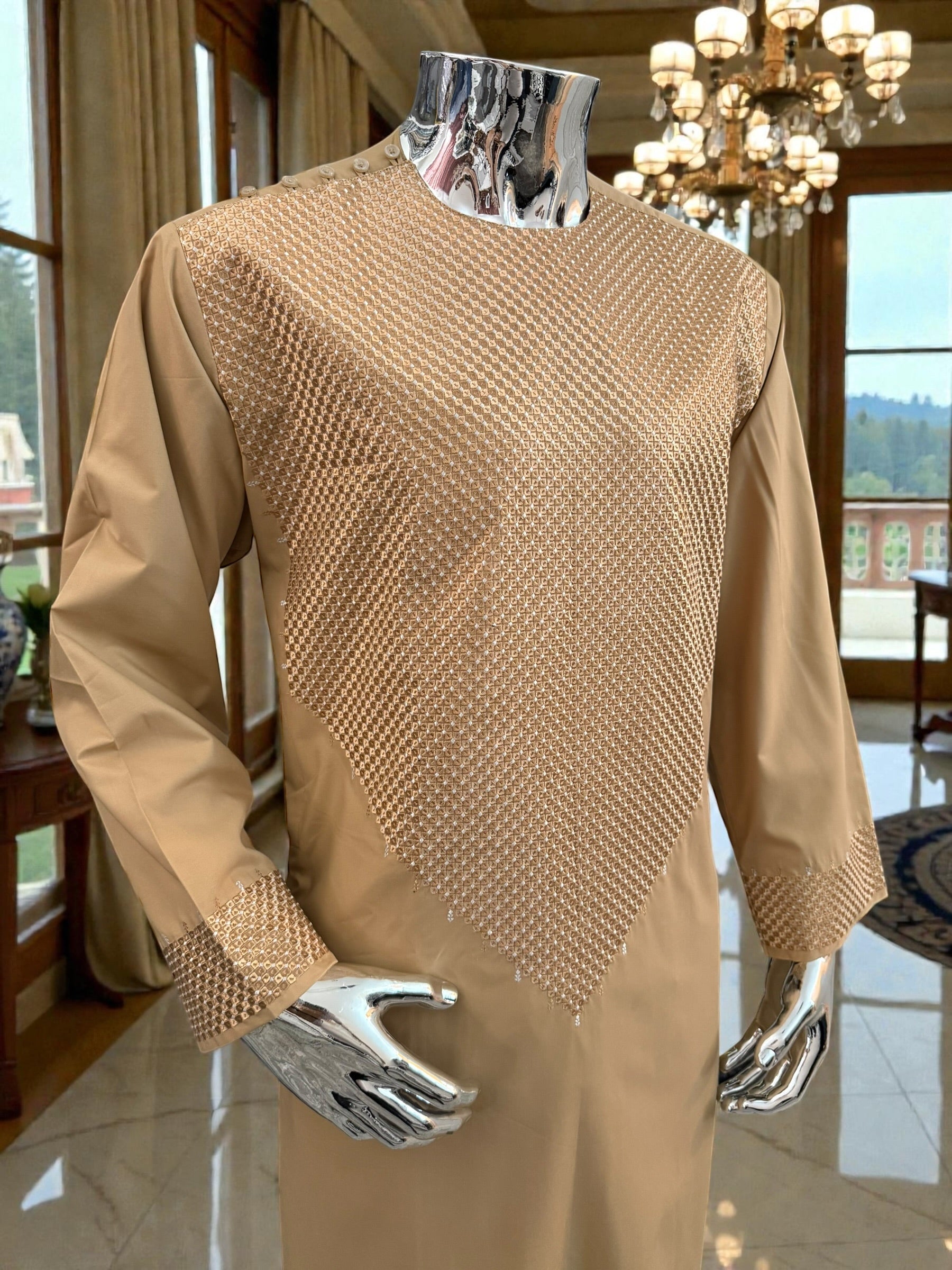 Large Golden Tan Afghan Parahan Tumban with Matching Khamak-Style V-Pattern Embroidery – Men’s Traditional Wear