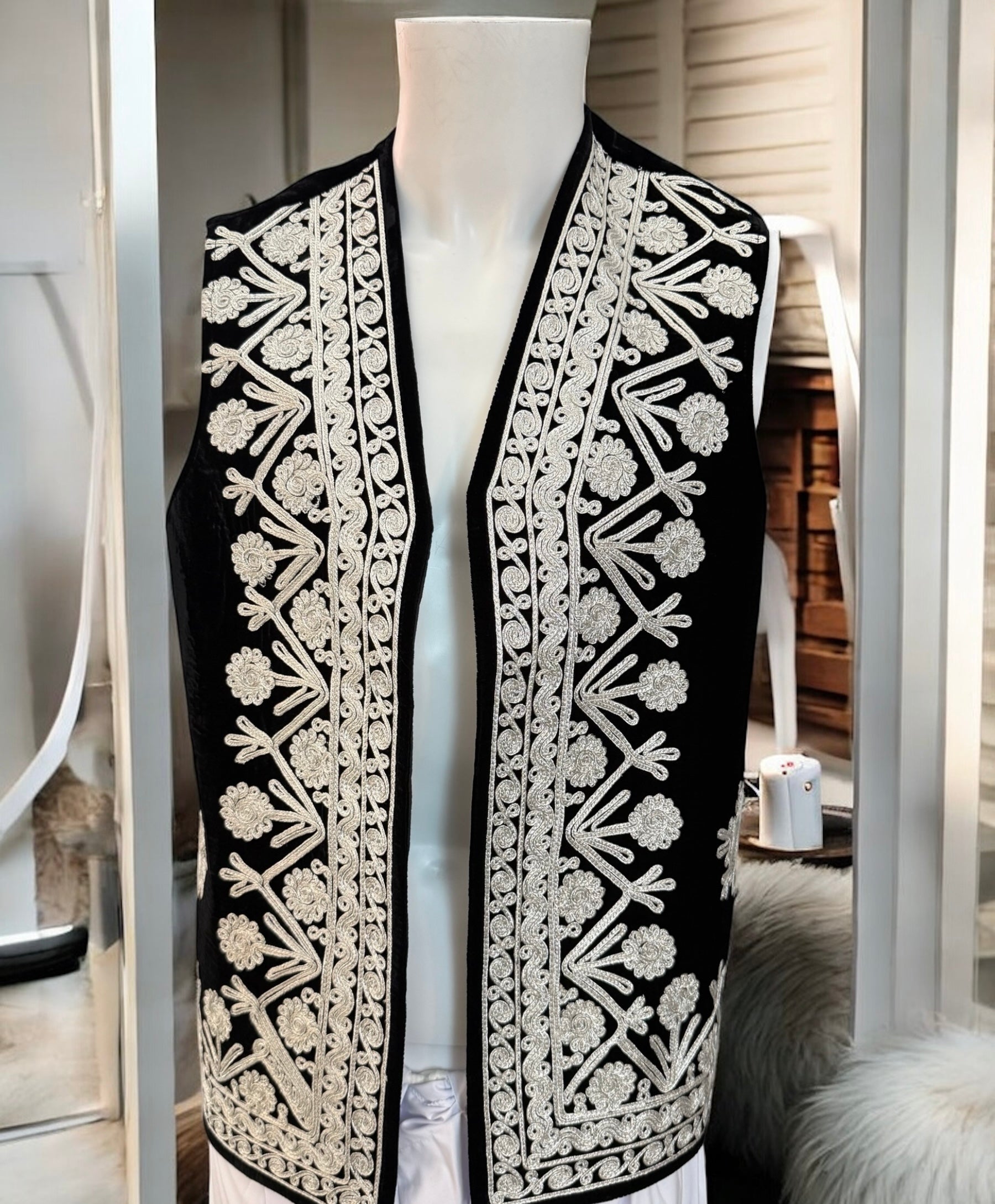 Men’s Black Velvet Chermadozi Vest | Handmade Traditional Afghan Waistcoat medium to Large