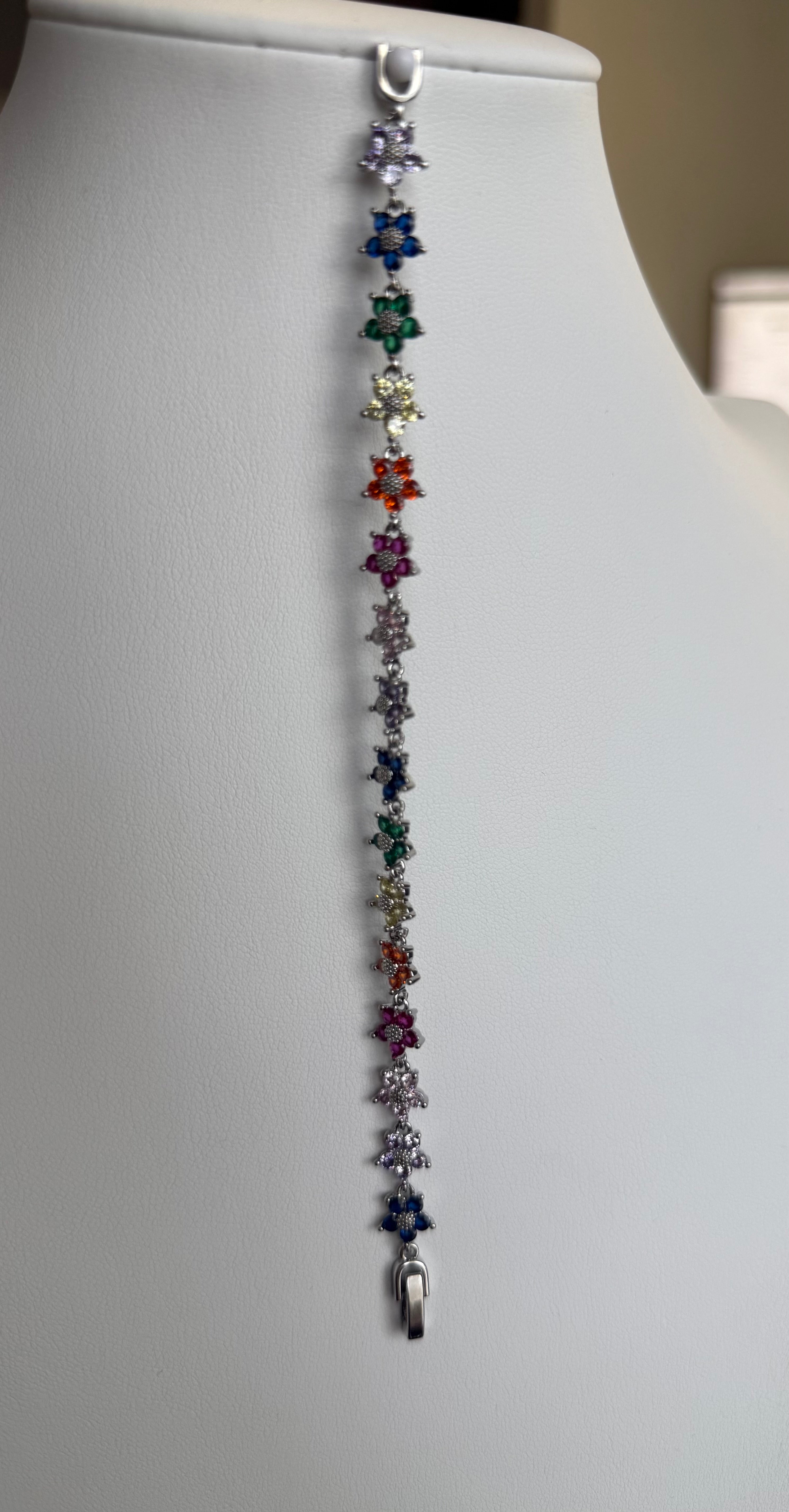 Multicolor Floral Crystal Bracelet – Rainbow Five-Petal Flower Silver-Tone Bracelet 7120