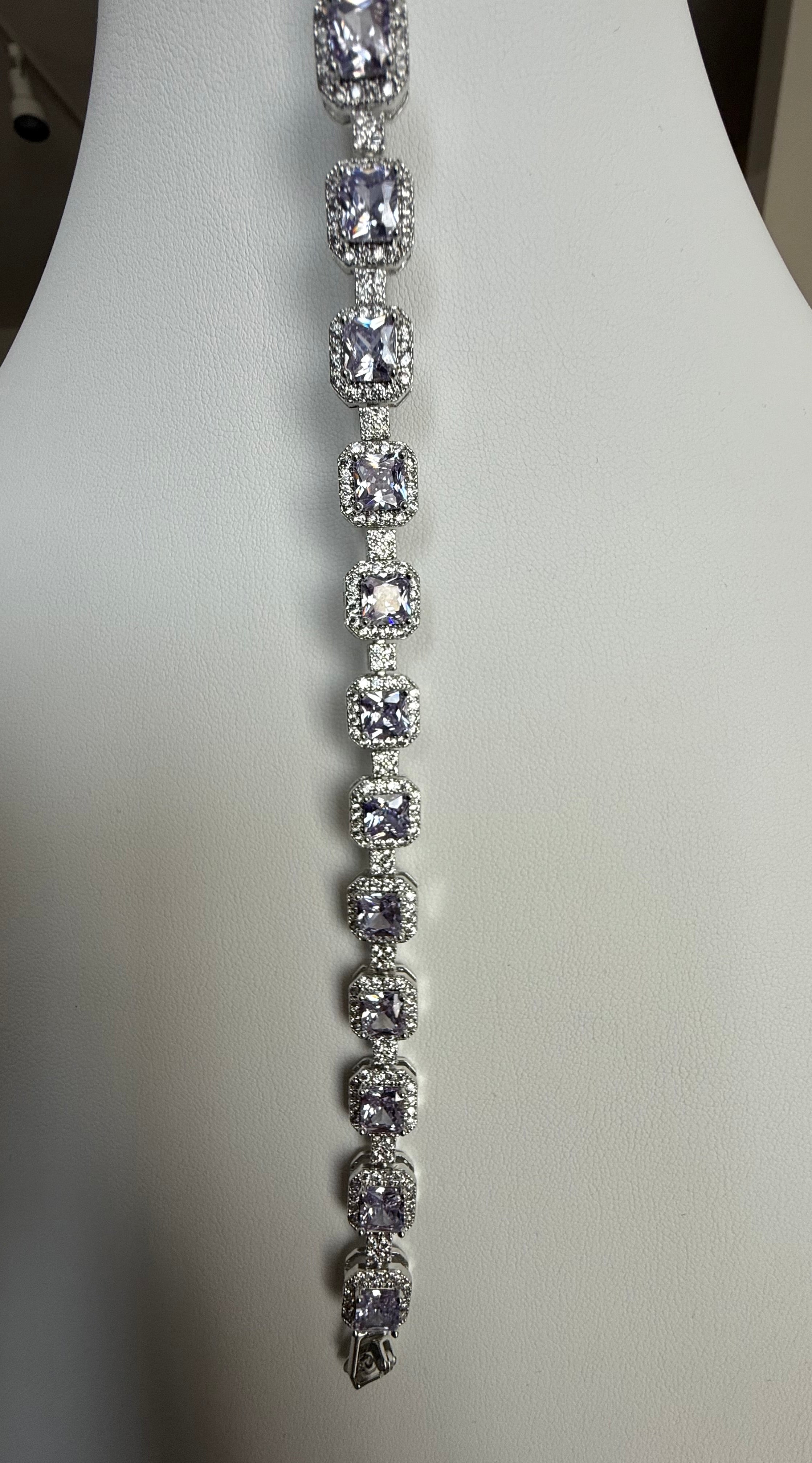 Lavender Purple Cushion-Cut Crystal Halo Tennis Bracelet – Silver Tone Statement Jewelry 7093