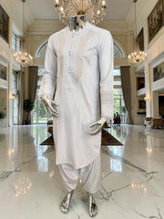 X-Small to Small Men’s White Afghan Parahan Tunban – Handmade Gold Embroidery on Chest & Sleeves