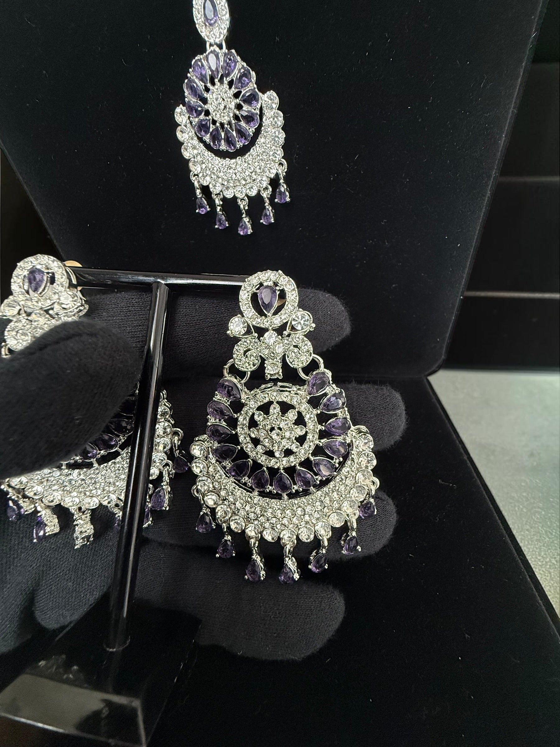 Indian Pakistani Afghan American Diamond Earrings with Maang Tikka Set | Bridal Chandbali Earrings | Wedding Jewelry Gift | 6 Color Options