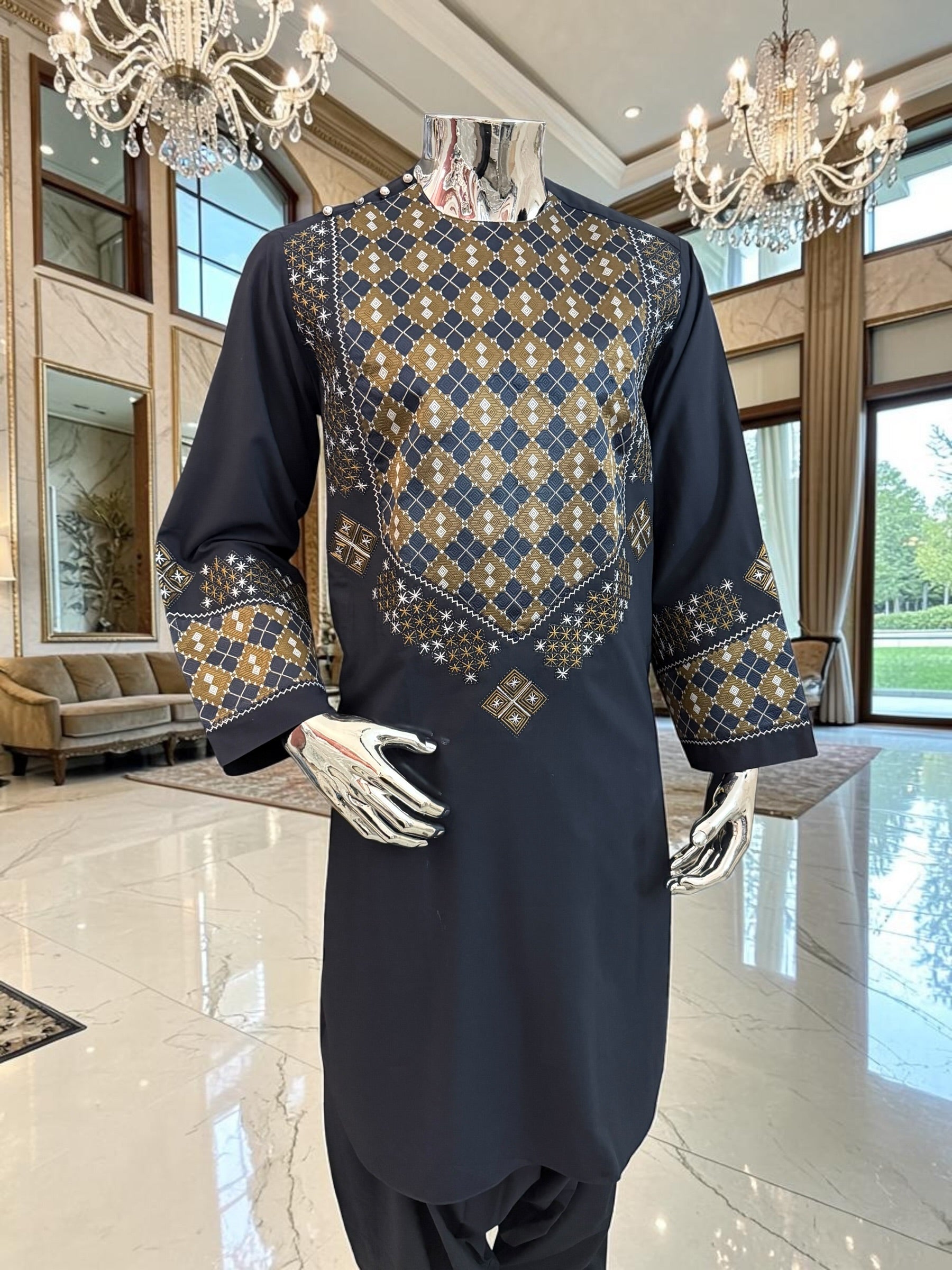 Medium Midnight Blue Afghan Parahan Tunban Set – Premium Hand Embroidery with Matching Shawl patto