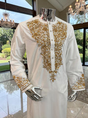 Handmade Afghan Selmadozi Embroidered Men’s Perahan Tunban – Luxury Traditional Formal Outfit – Available in Black, Ivory & White